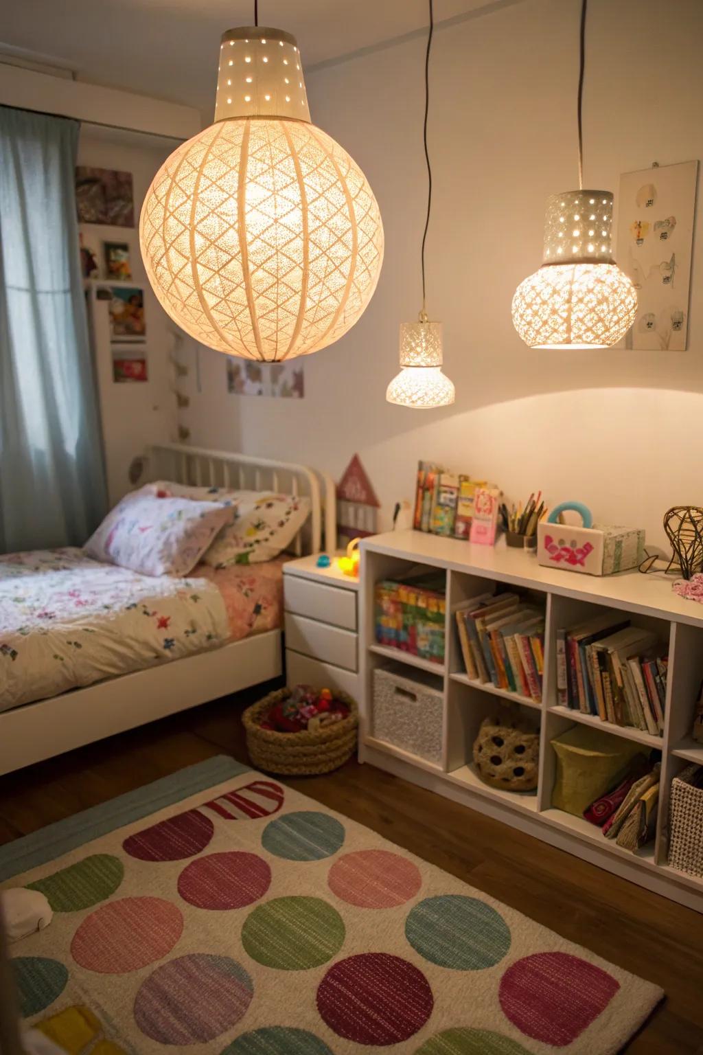 Hanging luminaires free up space and add cozy lighting.