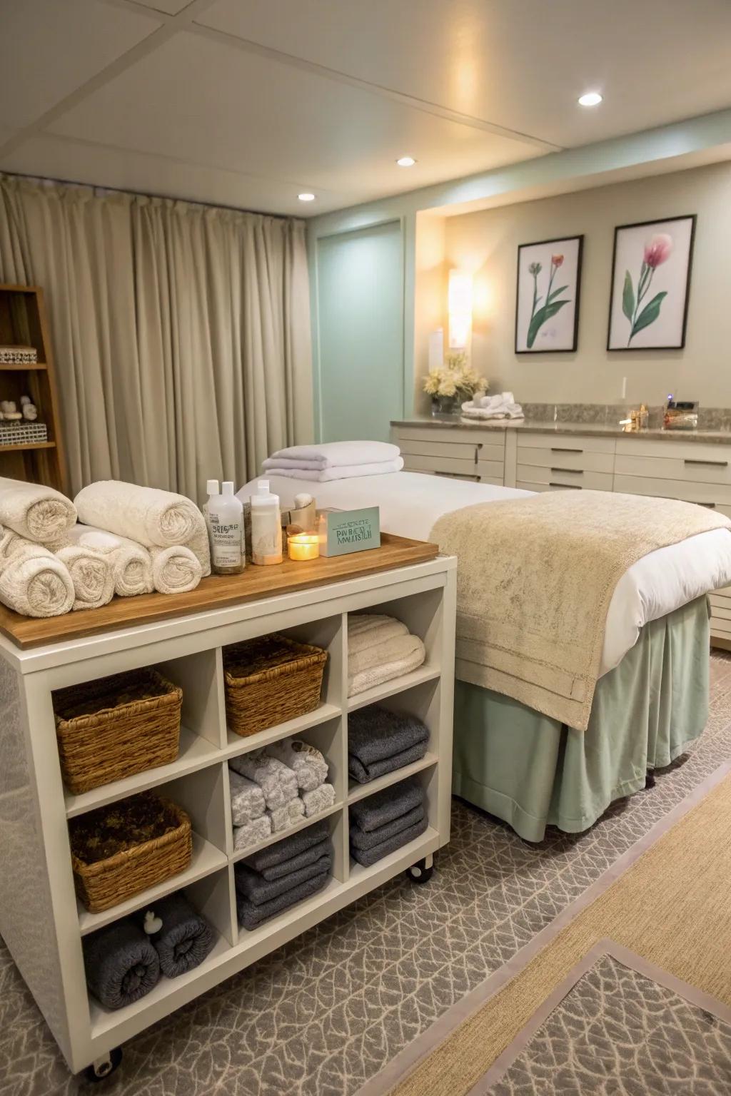 Under-bed storage used in a small spa space