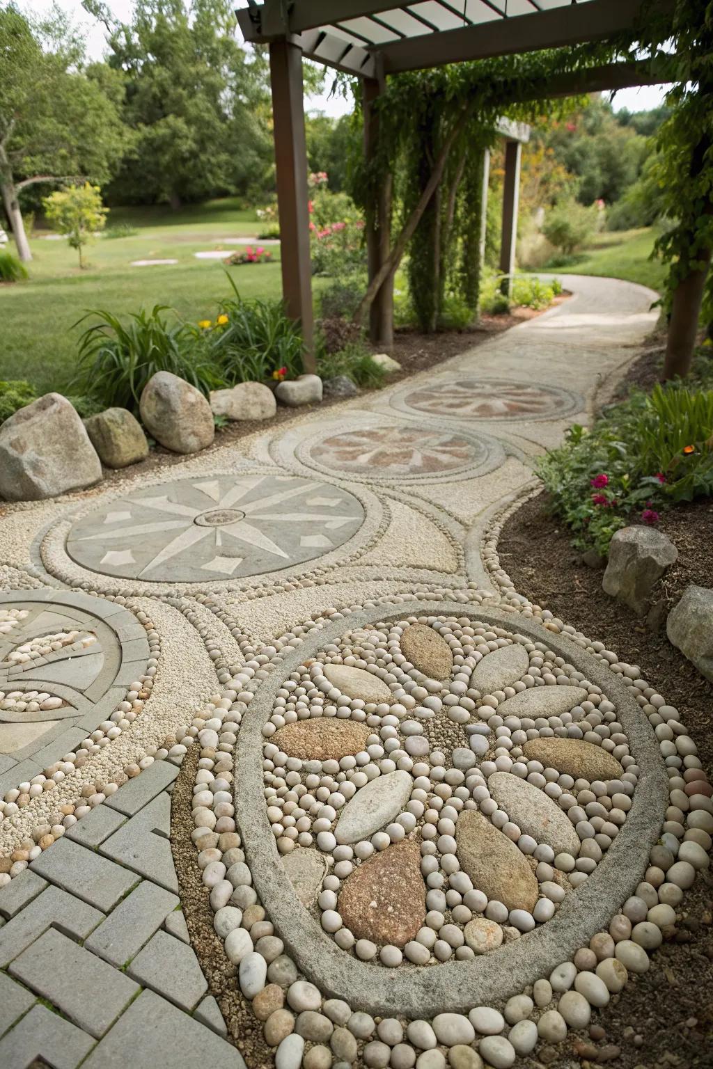 An artistic pebble pattern that infuses inventiveness into the garden flooring.