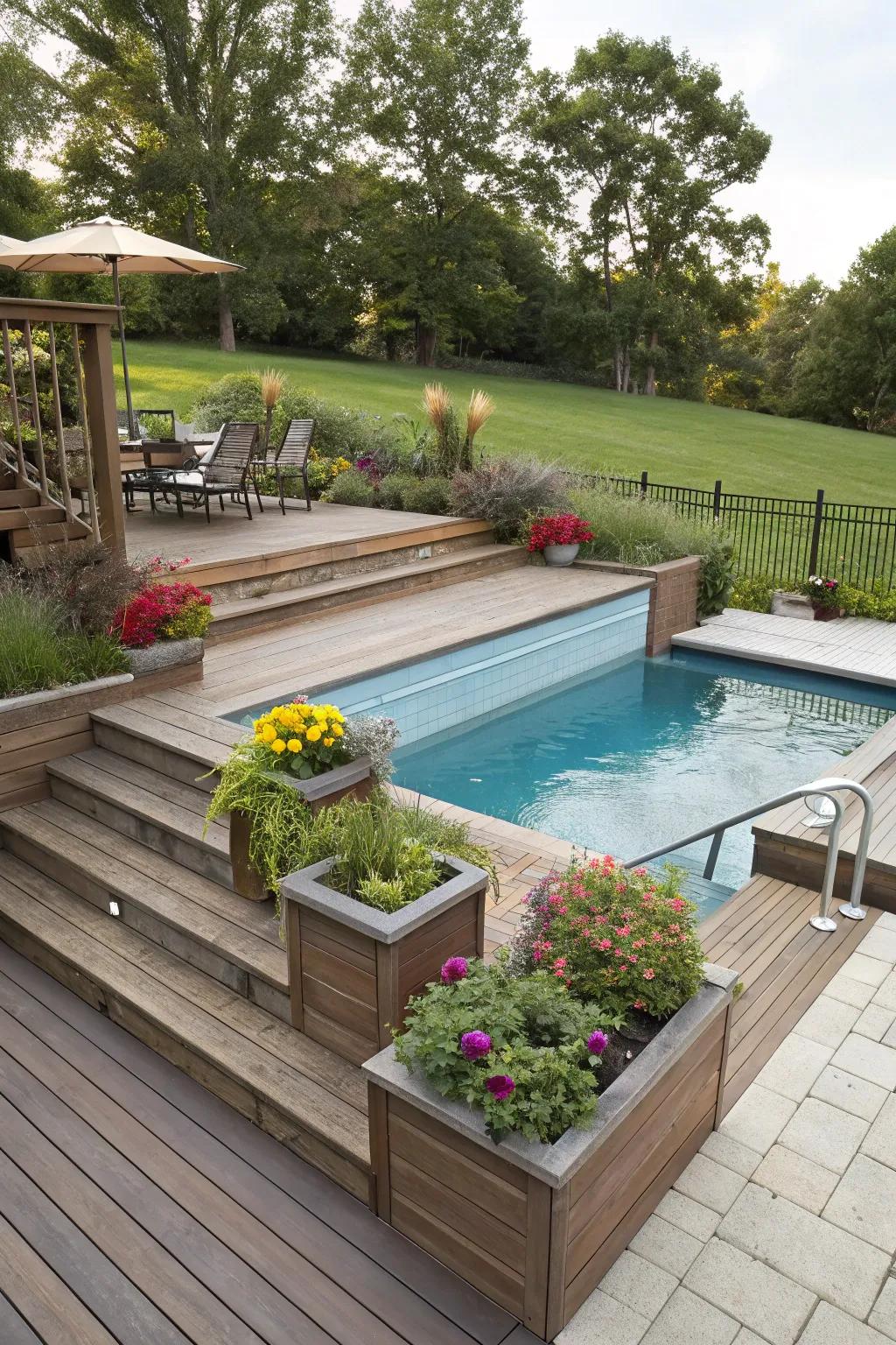Staged designs add size to pool areas.