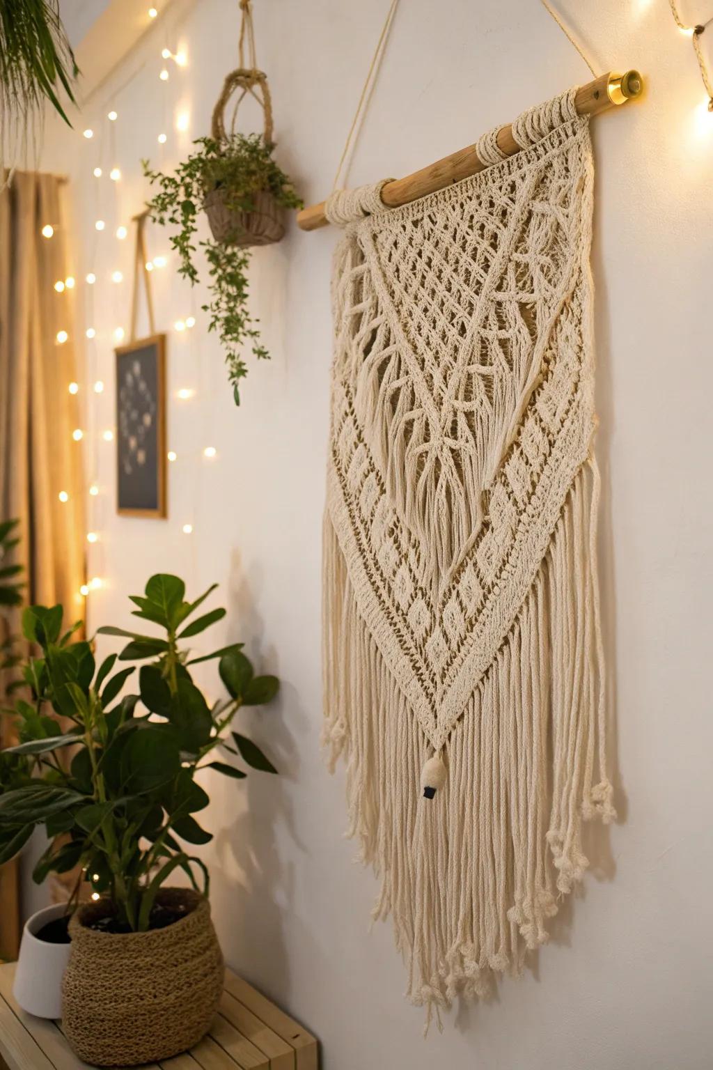 A macram&eacute; wall hanging adding dimension and character.