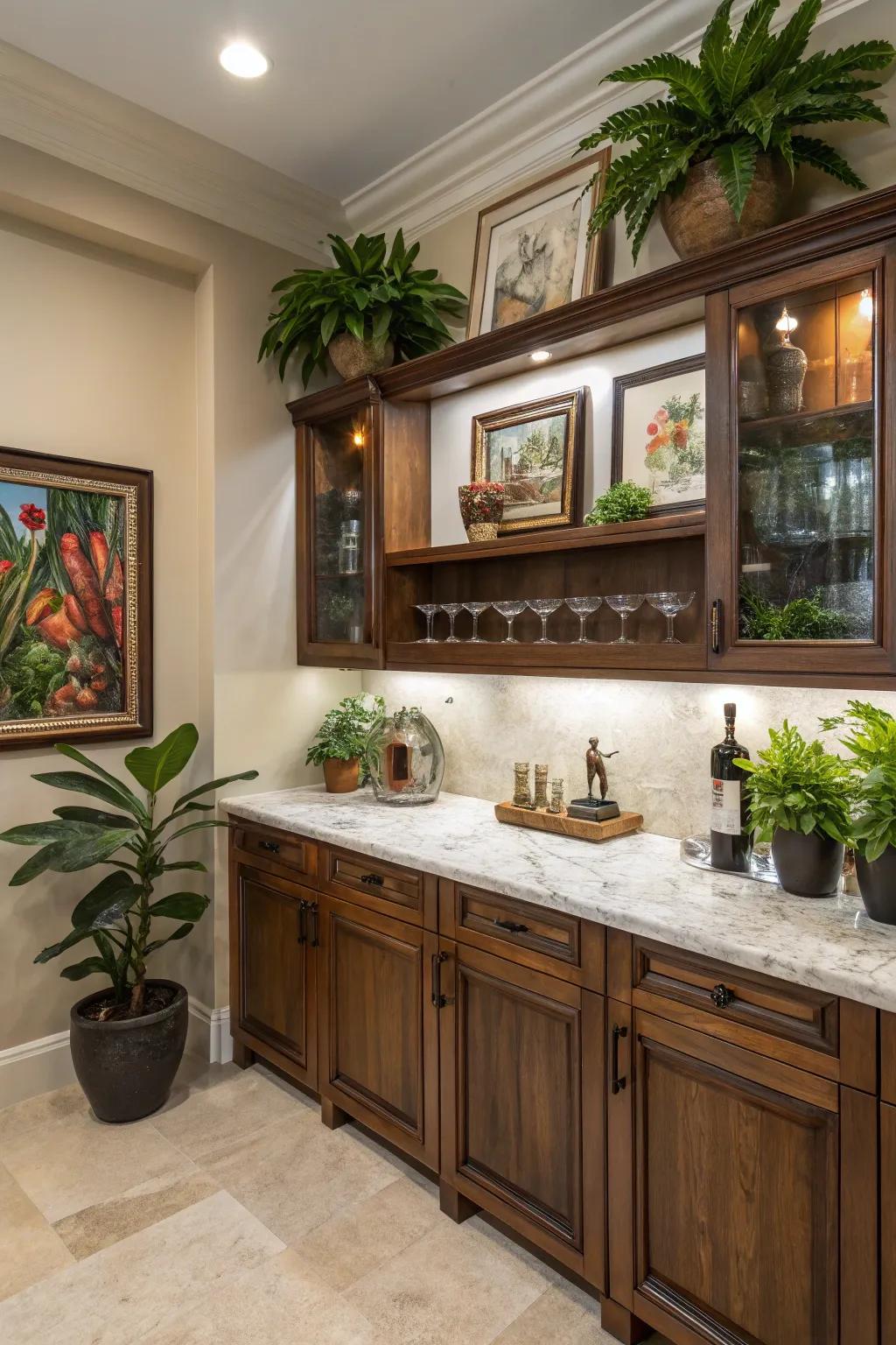Stylish touches, such as art and greenery, are implemented in a compact wet bar.