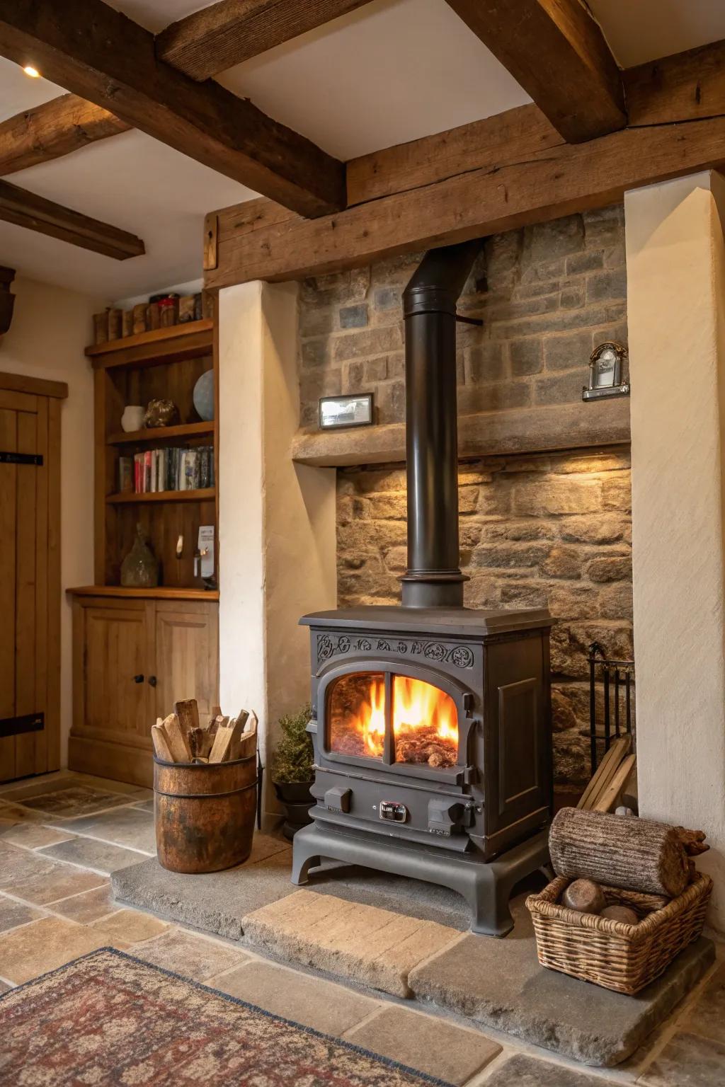 A traditional hearth adds timeless charm to a modern wood heater setup.
