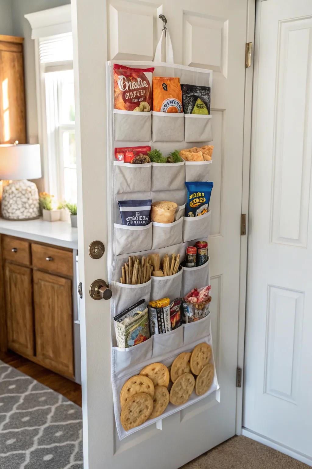 Over-the-door organizers provide extra storage without occupying shelf space.