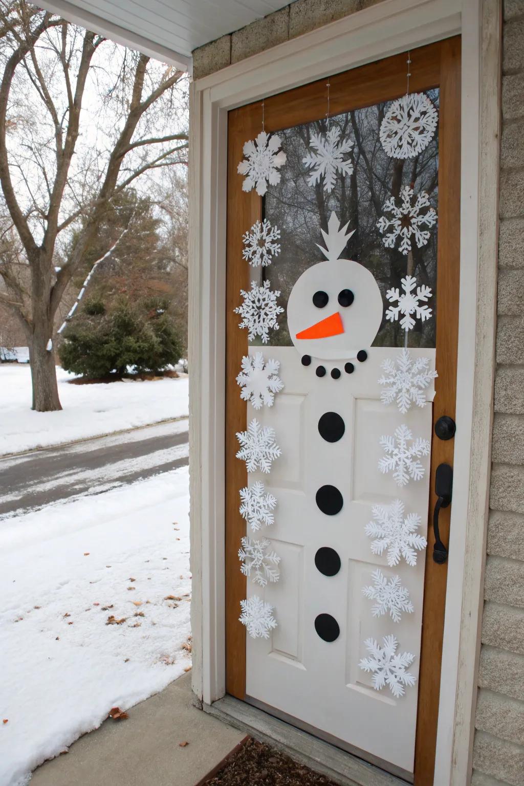 Dangling snowflakes add whimsy and elegance to your snowman door.