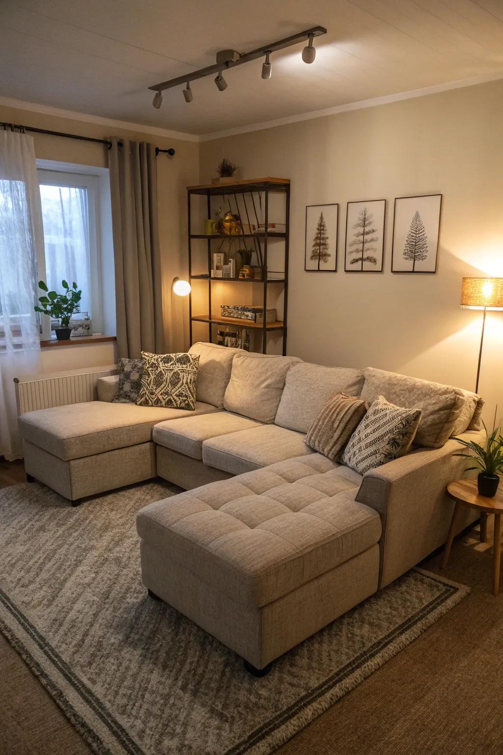 A modular sofa providing customizable seating in a small living area.