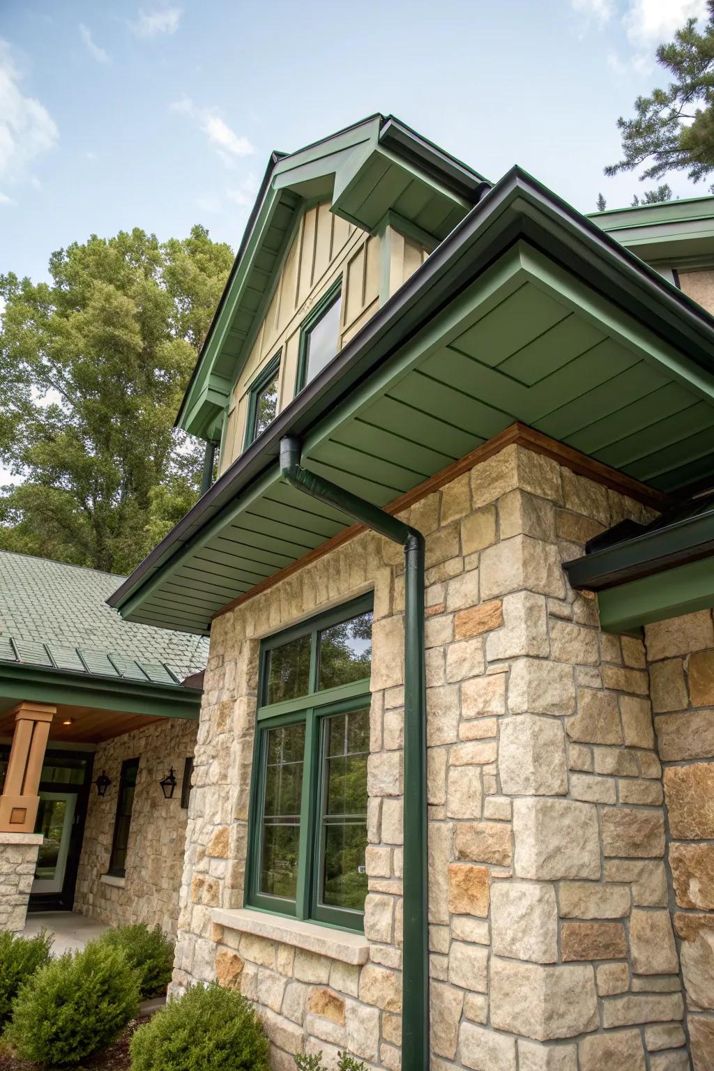 Green soffit and fascia blend beautifully with natural stone.