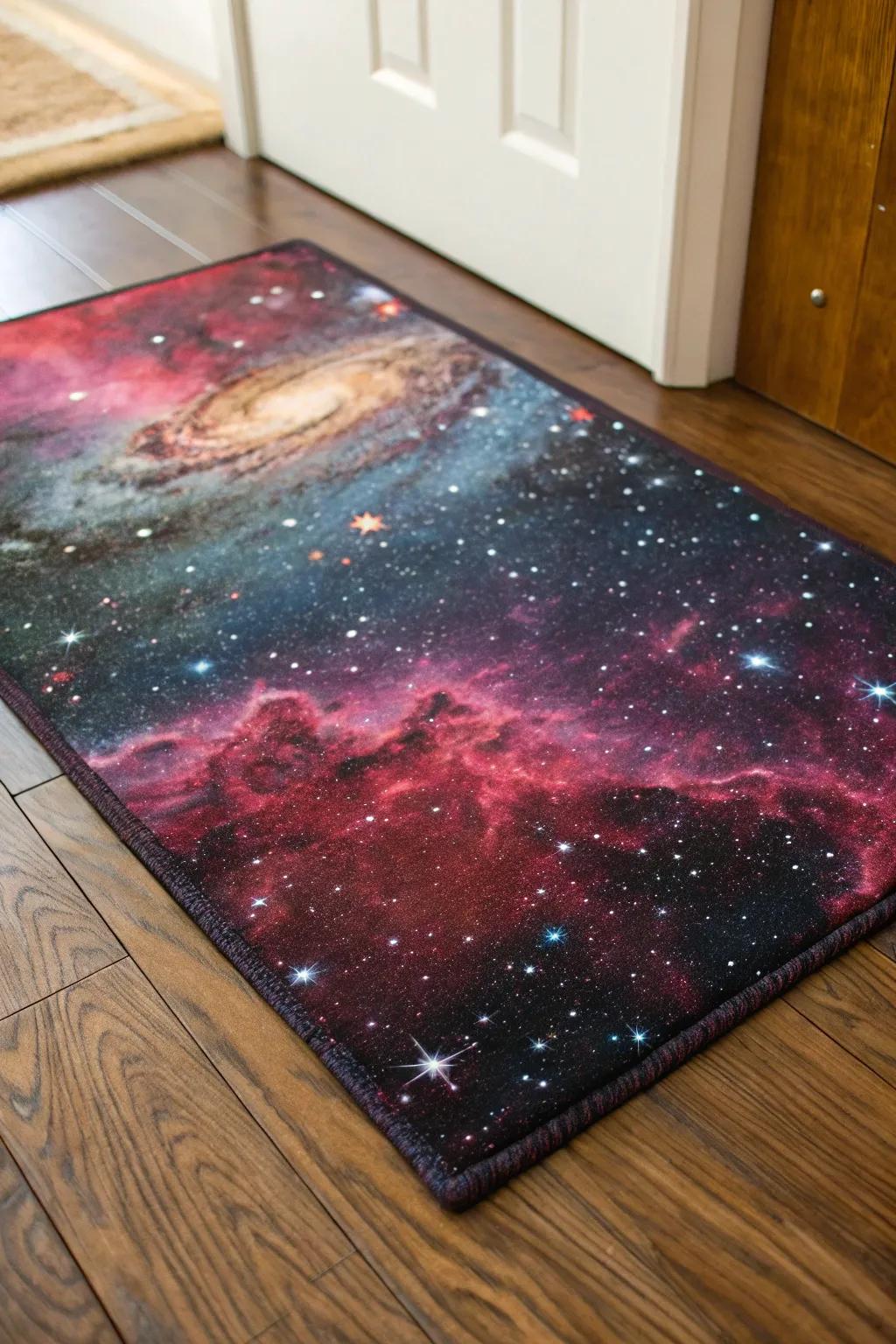 A galaxy-patterned rug introduces texture and unifies the room&rsquo;s theme.