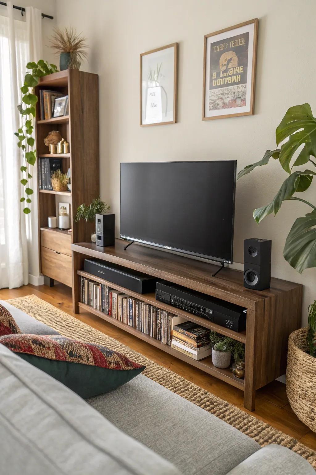 Audio bar mounted in the corner to effectively utilize space.