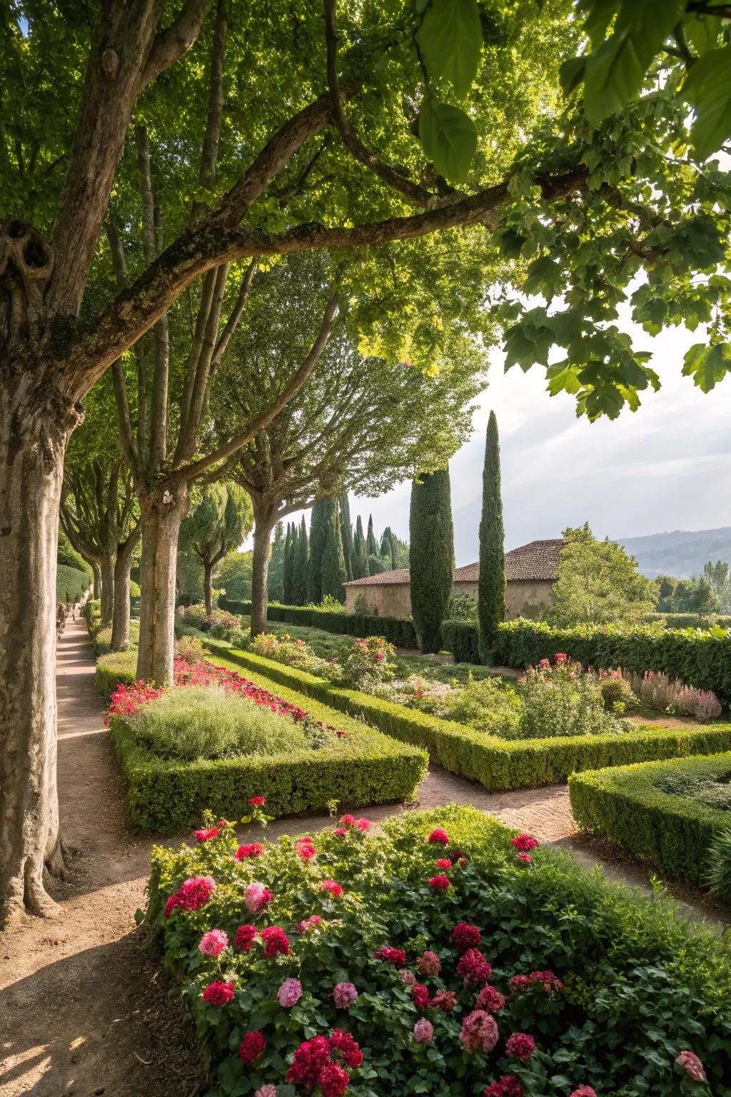 A garden oasis featuring shade-providing trees and thriving shrubs.