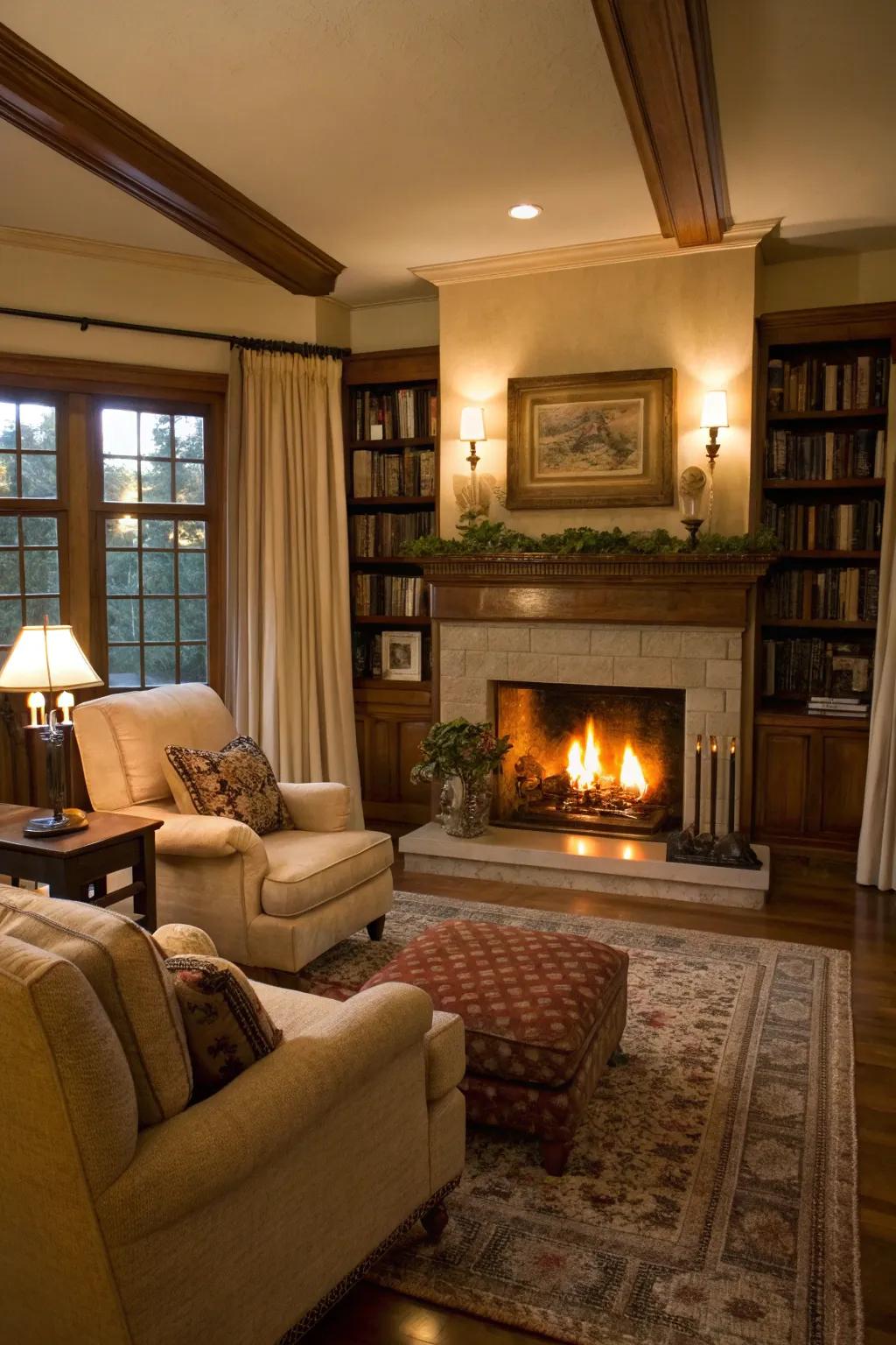 A fireplace creates a warm and appealing atmosphere.