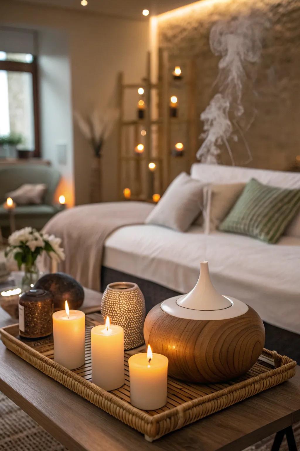 Candles and aromatherapy setting the tone for relaxation.