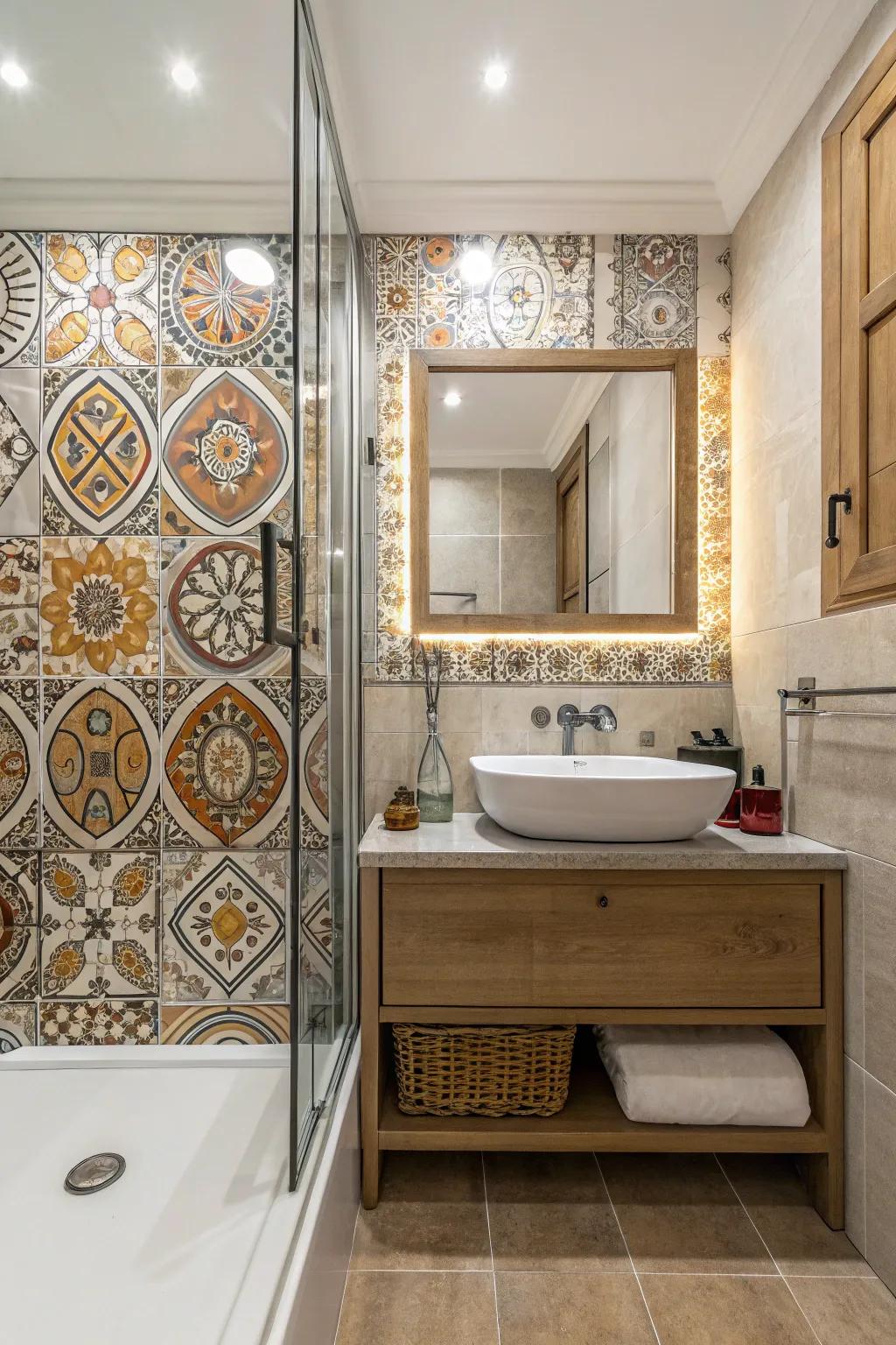 An ideal combination of minimalist contemporary fixtures and traditional Spanish squares.