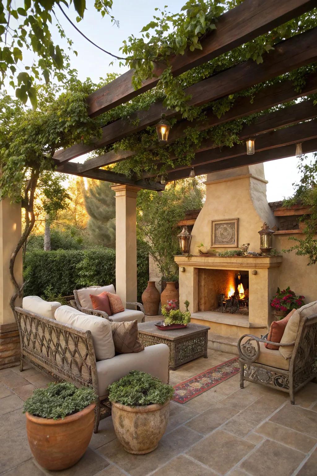 An outdoor hearth elevates the pergola's mood.