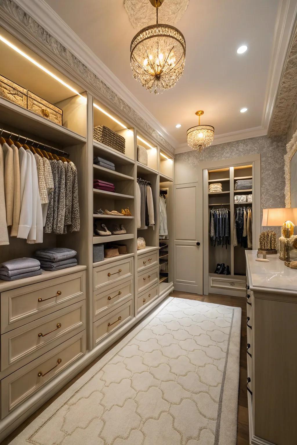 A custom walk-in closet provides organized opulence.