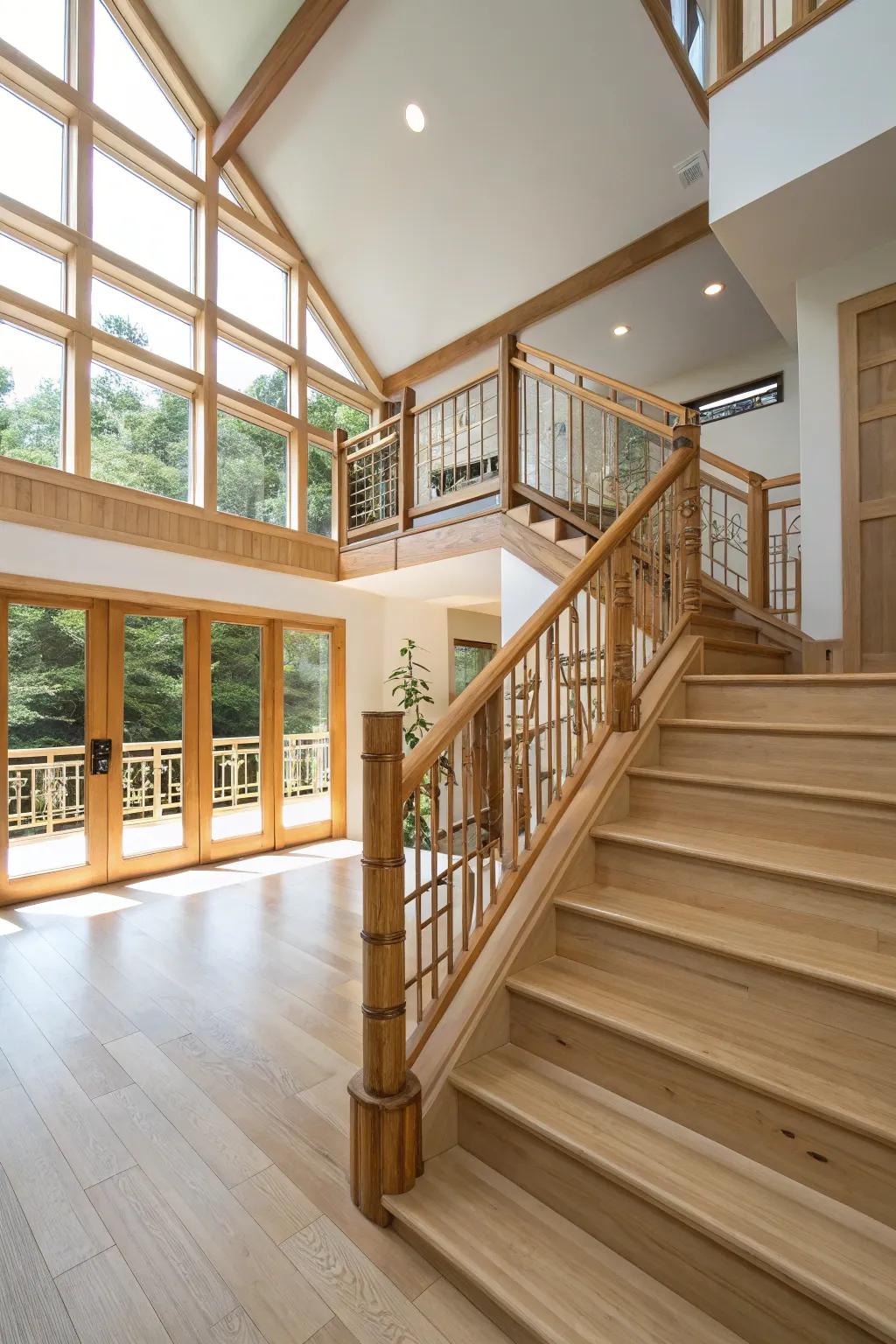 Environmentally considerate cane railings appending organic beauty to a split-level dwelling.