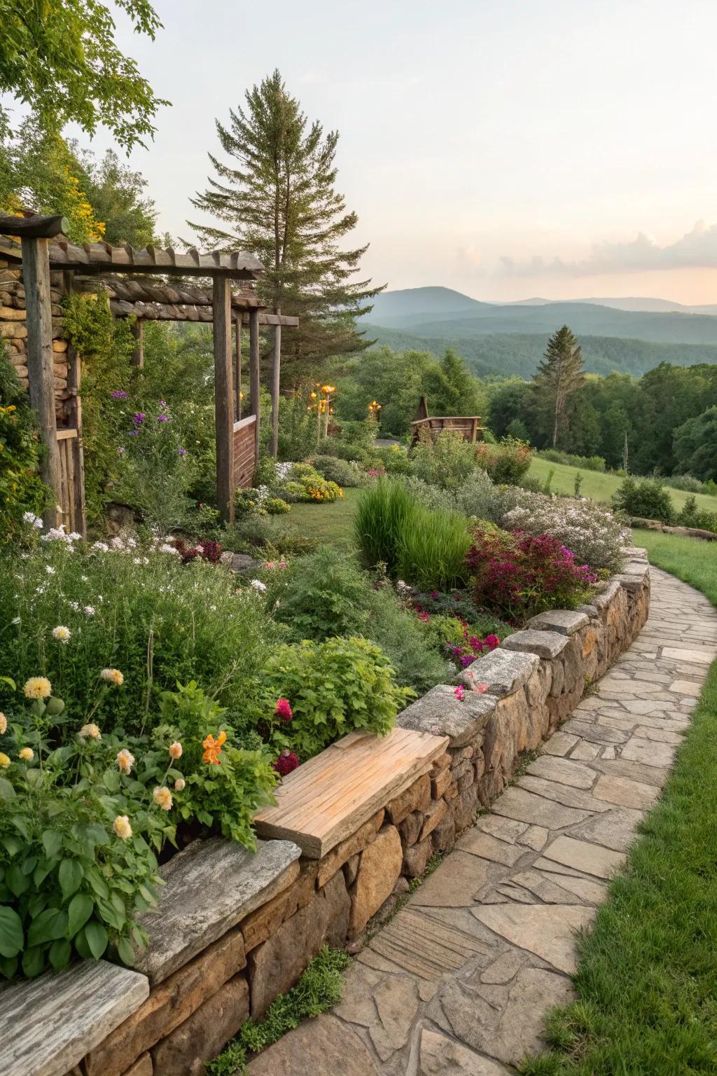 Earthy components like stone and wood enrich garden boundaries with their warmth.