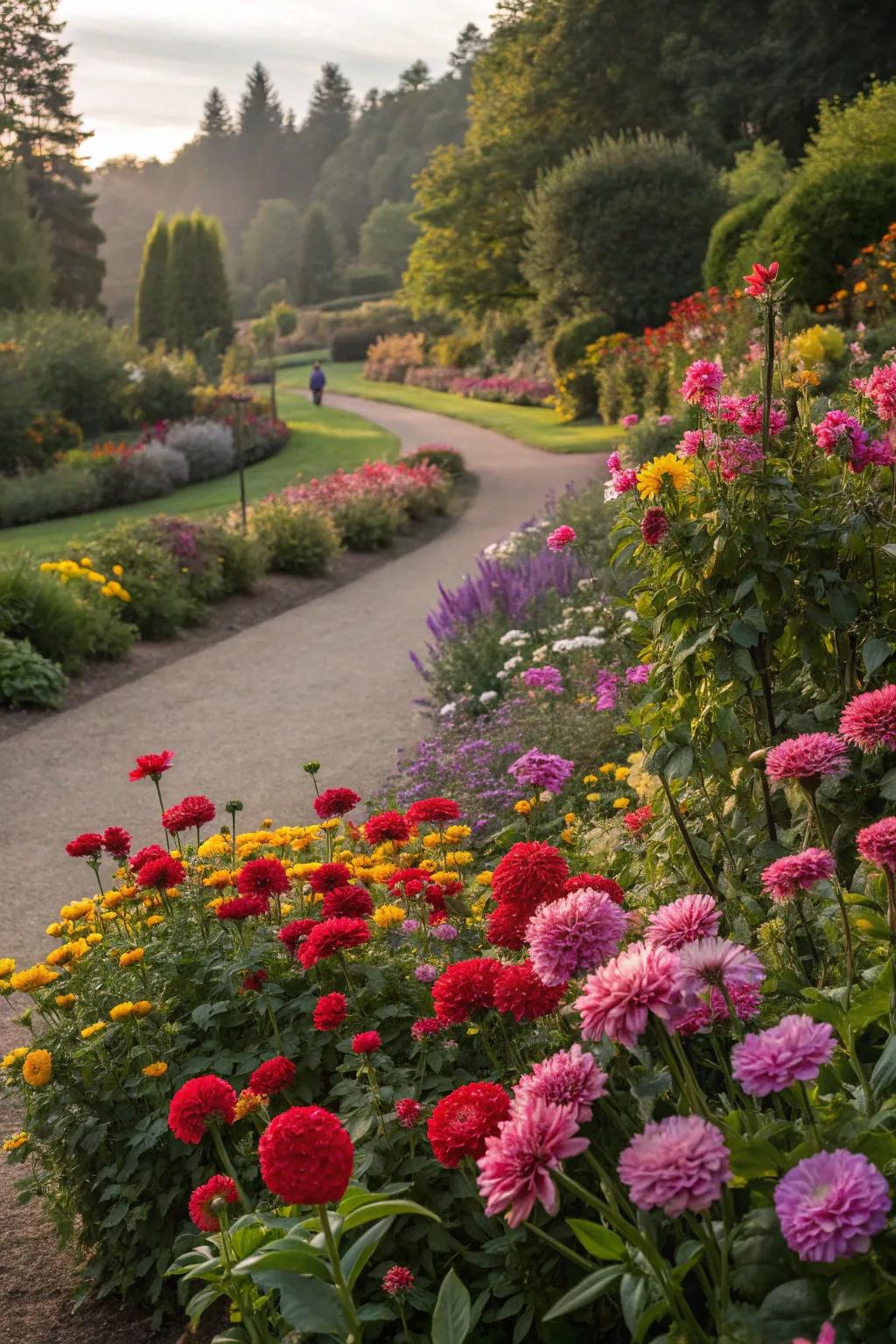 A vibrant scenery of thickly planted flowers fashions a striking garden exhibition.