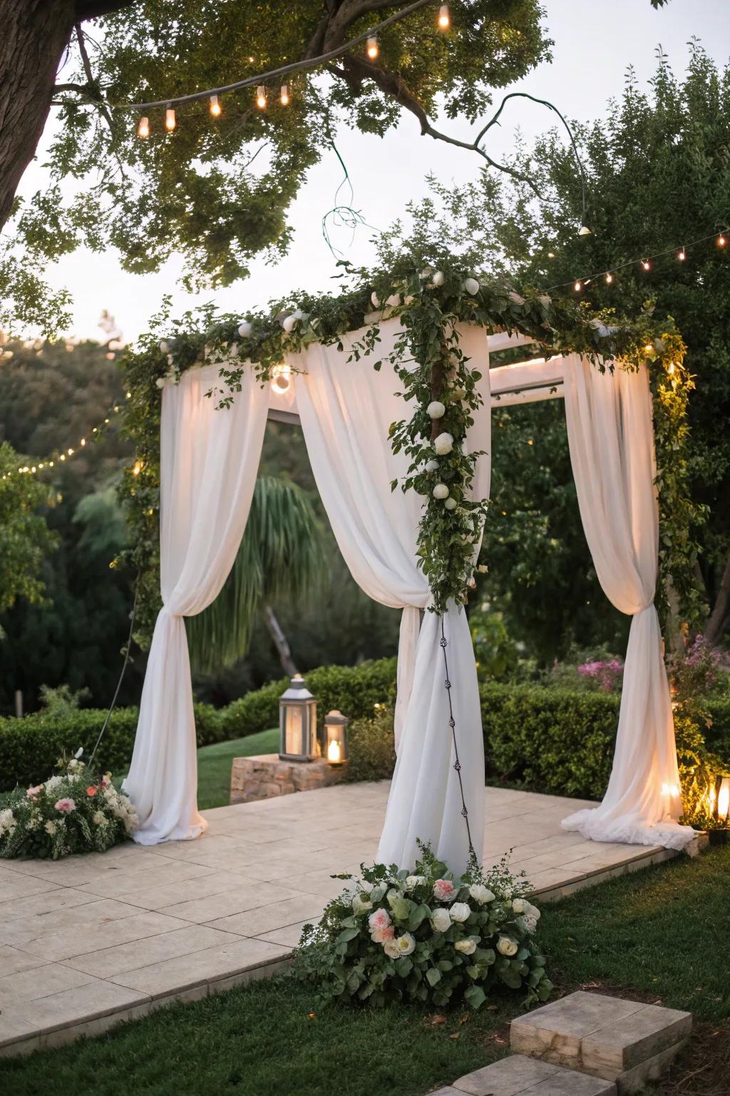 A romantic square arch ornamented with delicate, flowing fabric.