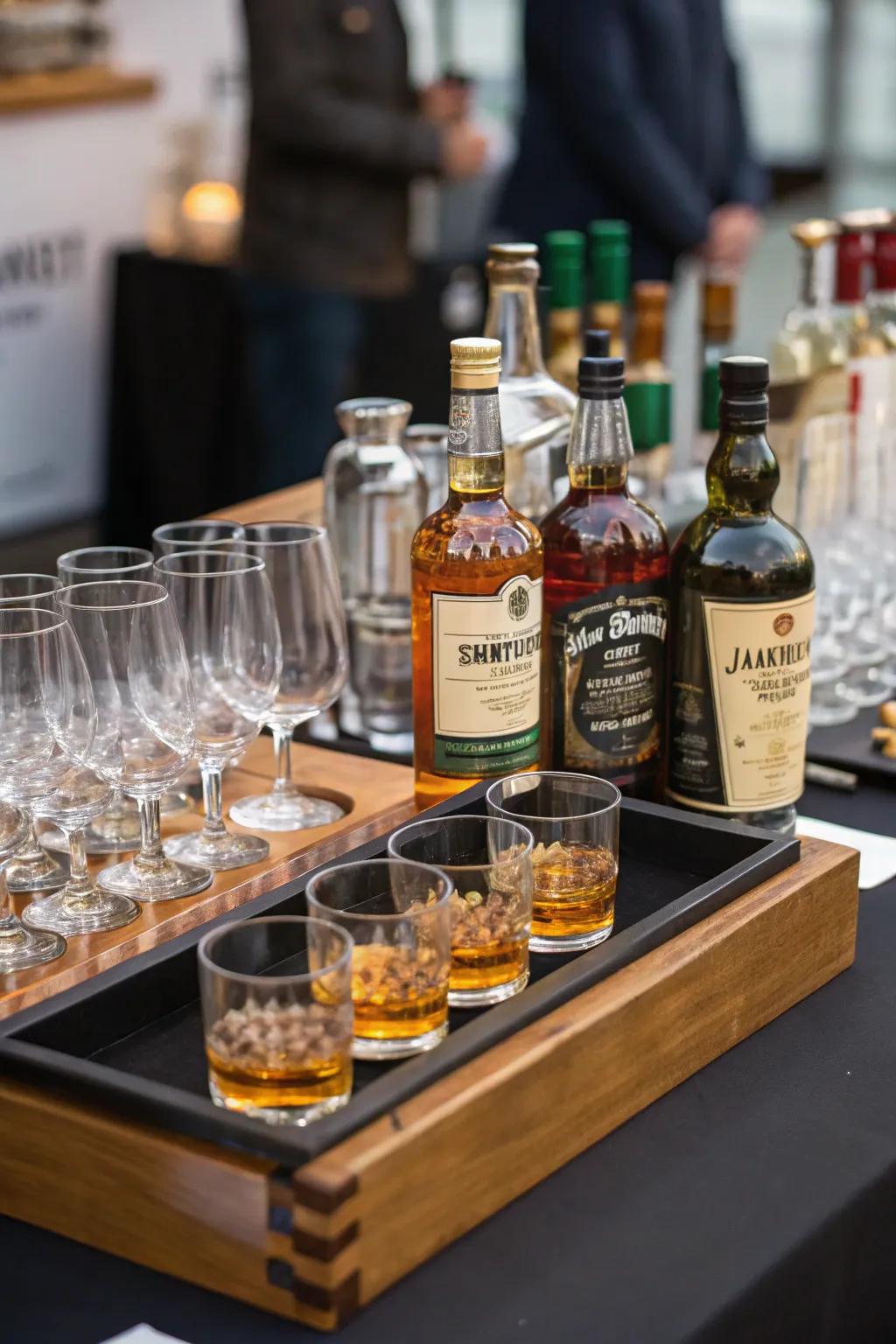 A whiskey tasting station entices guests to indulge in the finest Irish spirits.