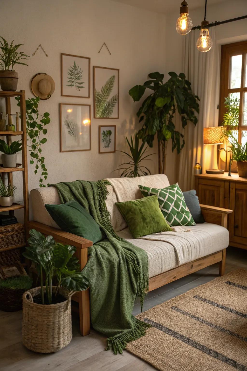 Subtle St. Patrick's Day elements featuring emerald wraps and cushions.