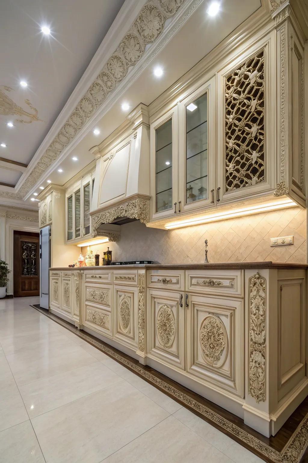 Ornate details add character to your kitchen’s tall ceiling design.