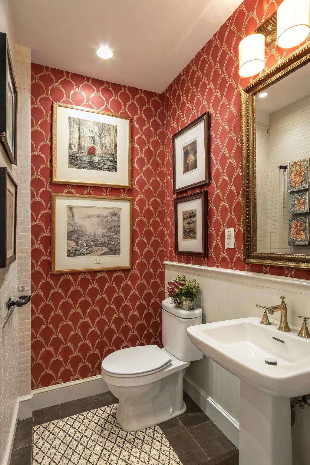 A statement wall and artwork add beauty to the staff bathroom.