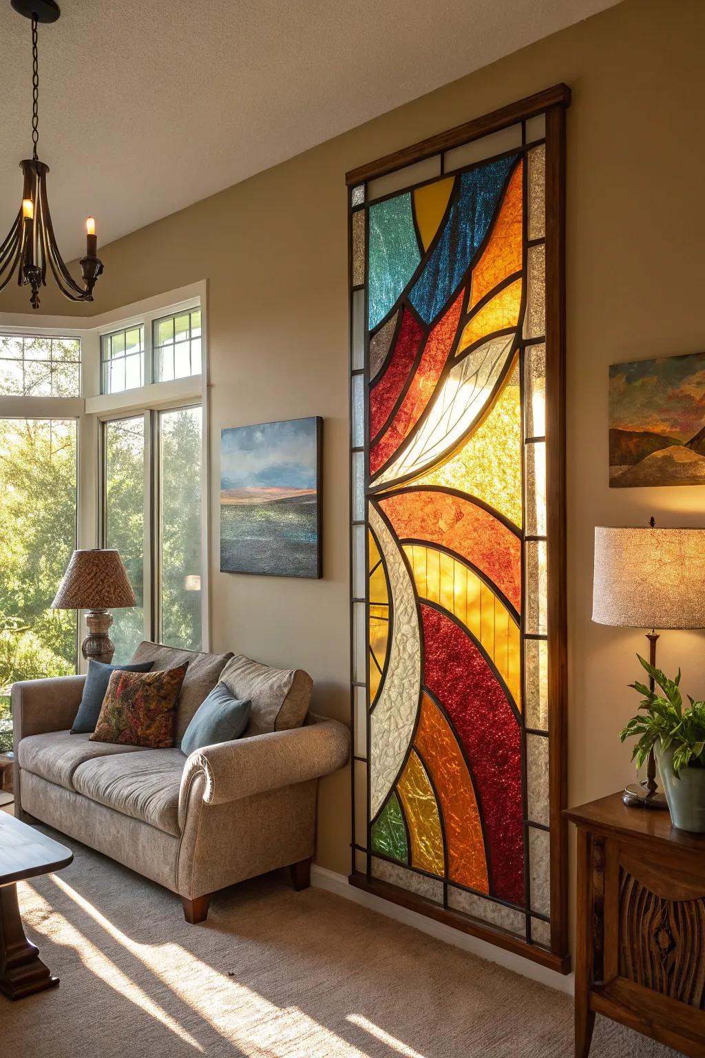 Abstract stained glass art establishes a bold presence in every room.