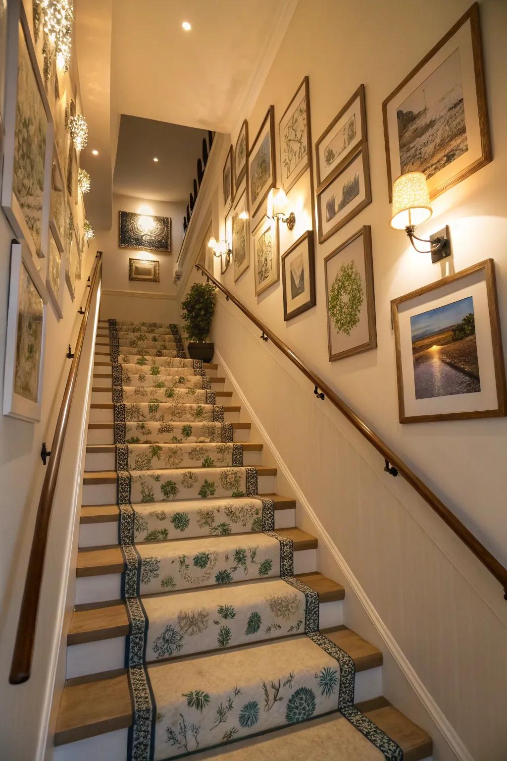 Coordinated wall decorations enhance the overall aesthetic of the staircase.