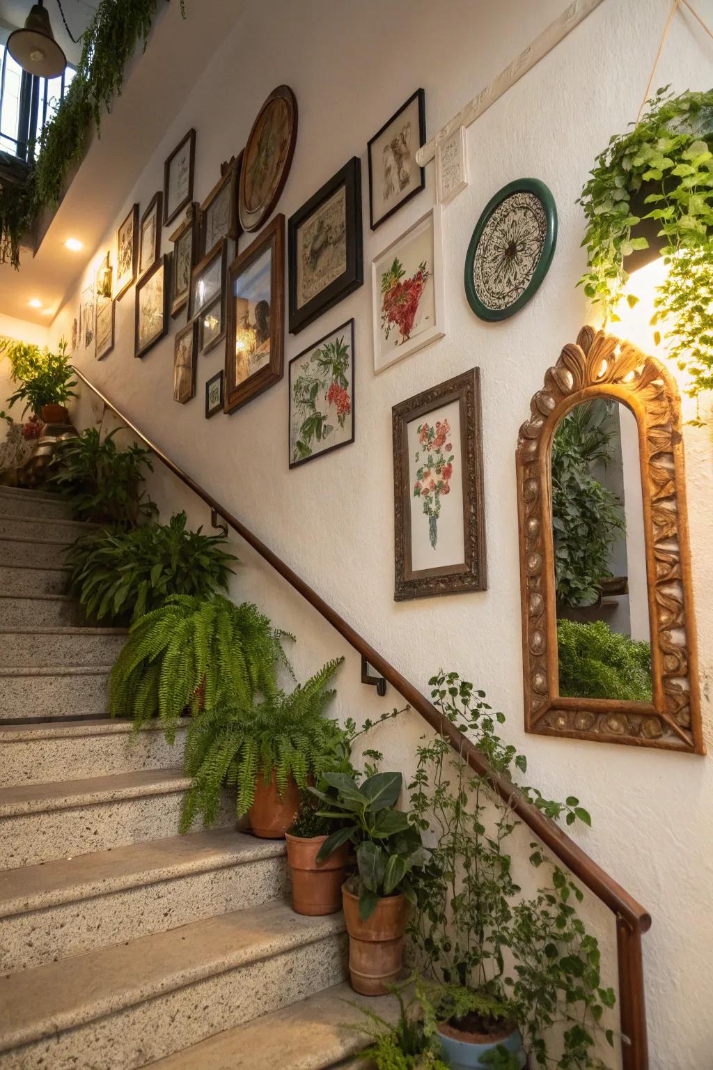 An eclectic assortment results in a distinctive stairway surface.