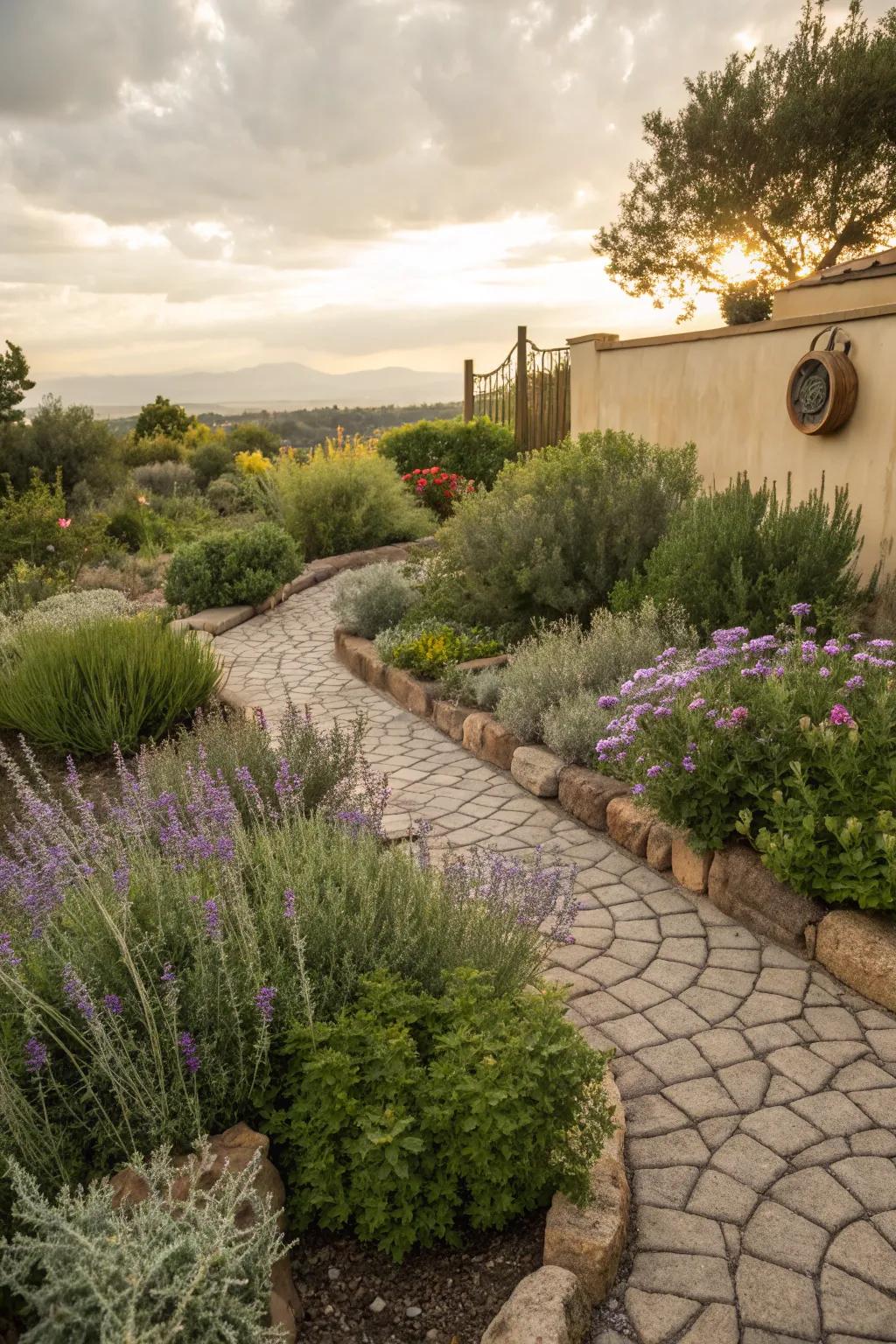 Herb garden showcasing a Mediterranean cobblestone stamped concrete border