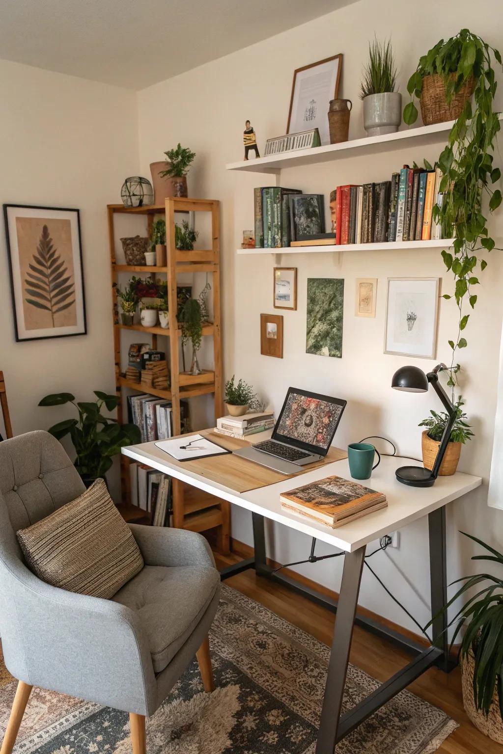 Personal touches change an upright desk into a welcoming work area.