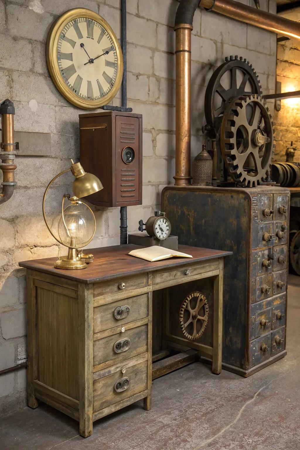 Worn finishes provide the steampunk room a rich, chronological texture.