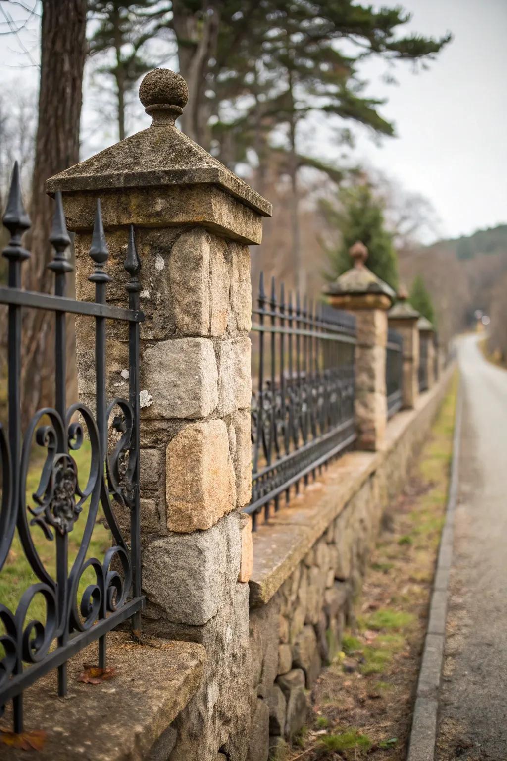 A fence design harmonizing traditional stone with contemporary iron elements.