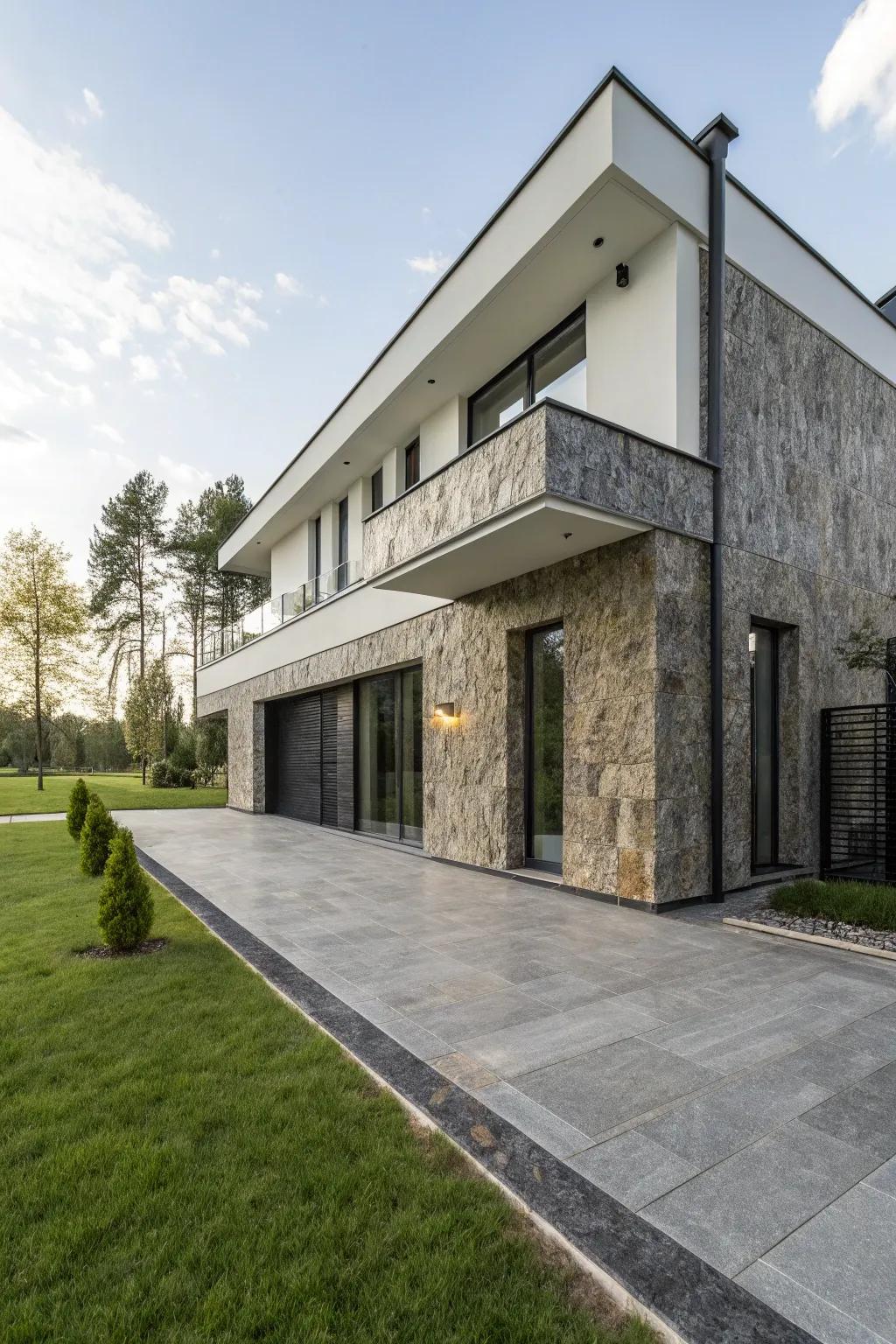 A modern home featuring a streamlined ruby stone facade.