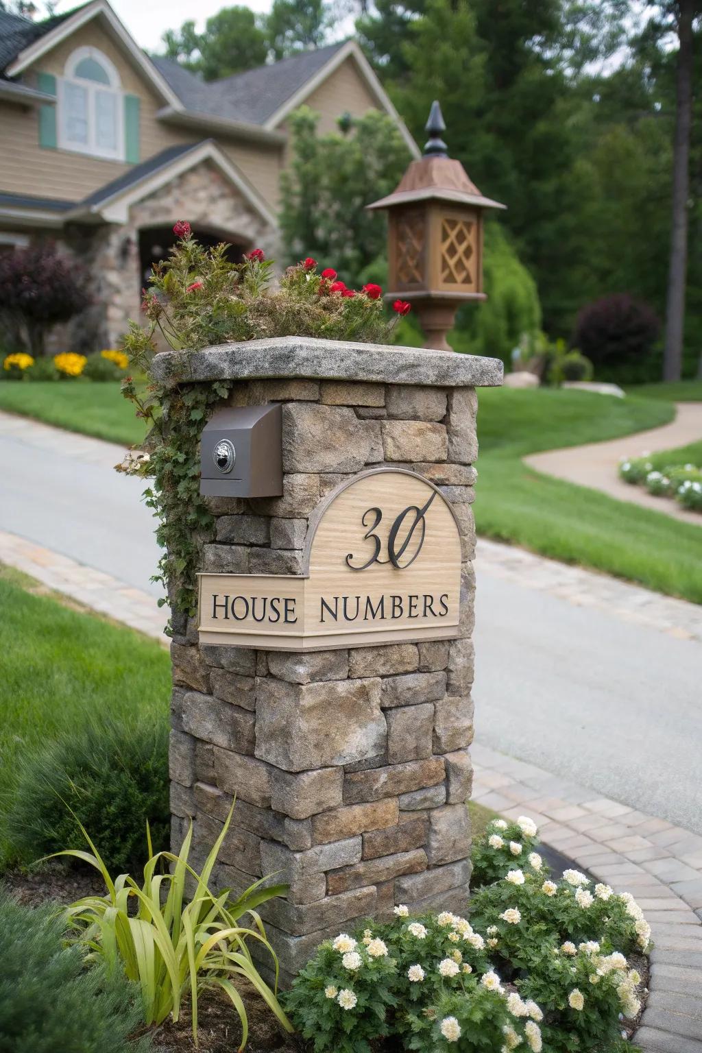 A stone mailbox pillar with custom house numbers.