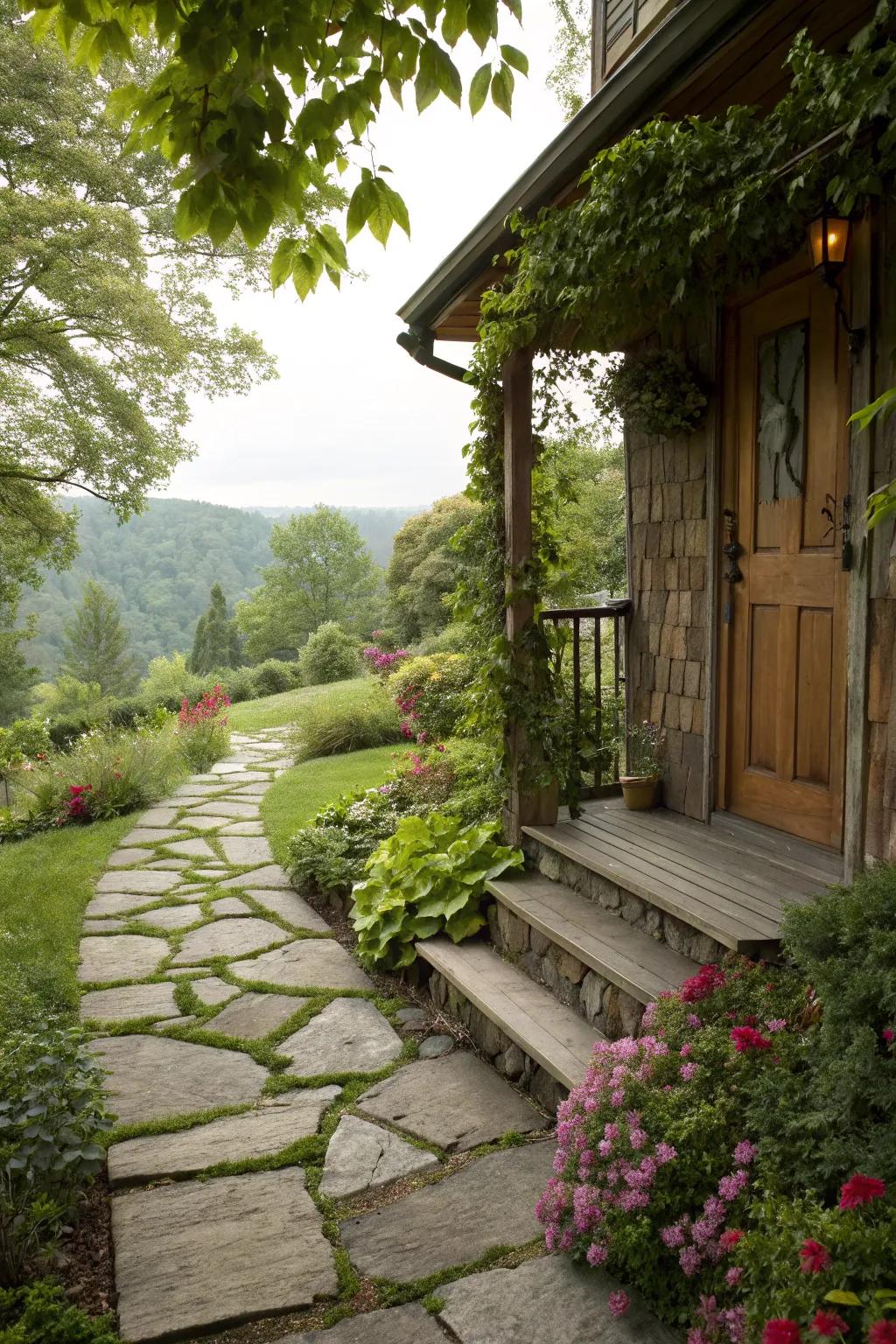 A pebble pathway incorporates a rustic touch for the stoop entry.