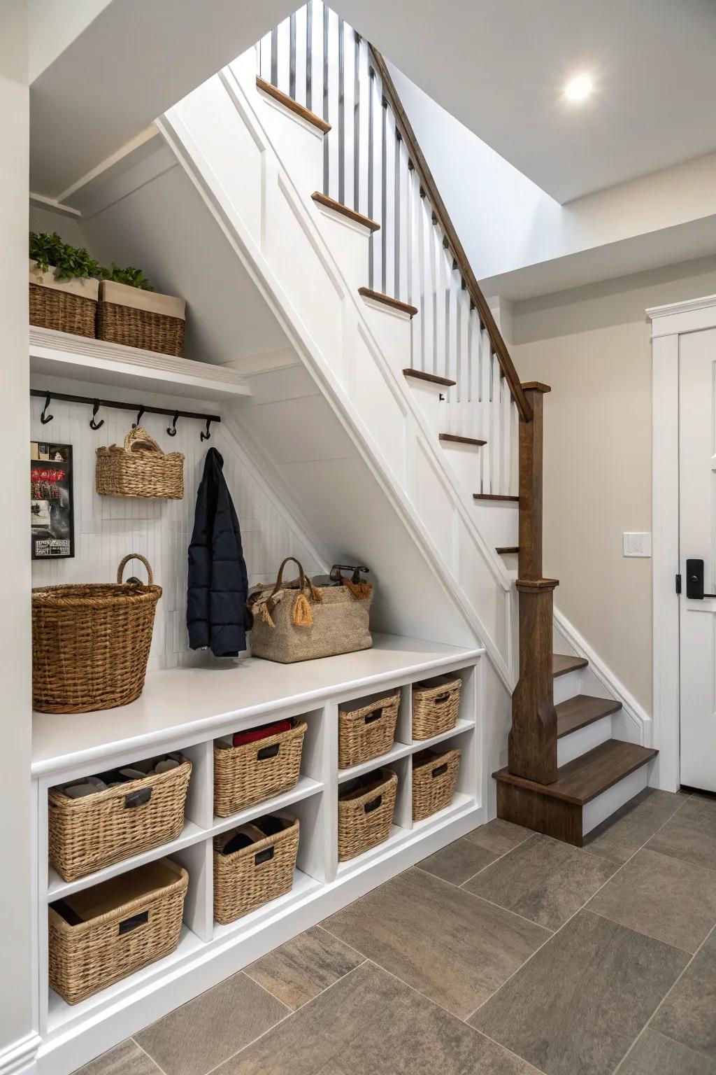 Under-stair storage utilizes what is often dead space.