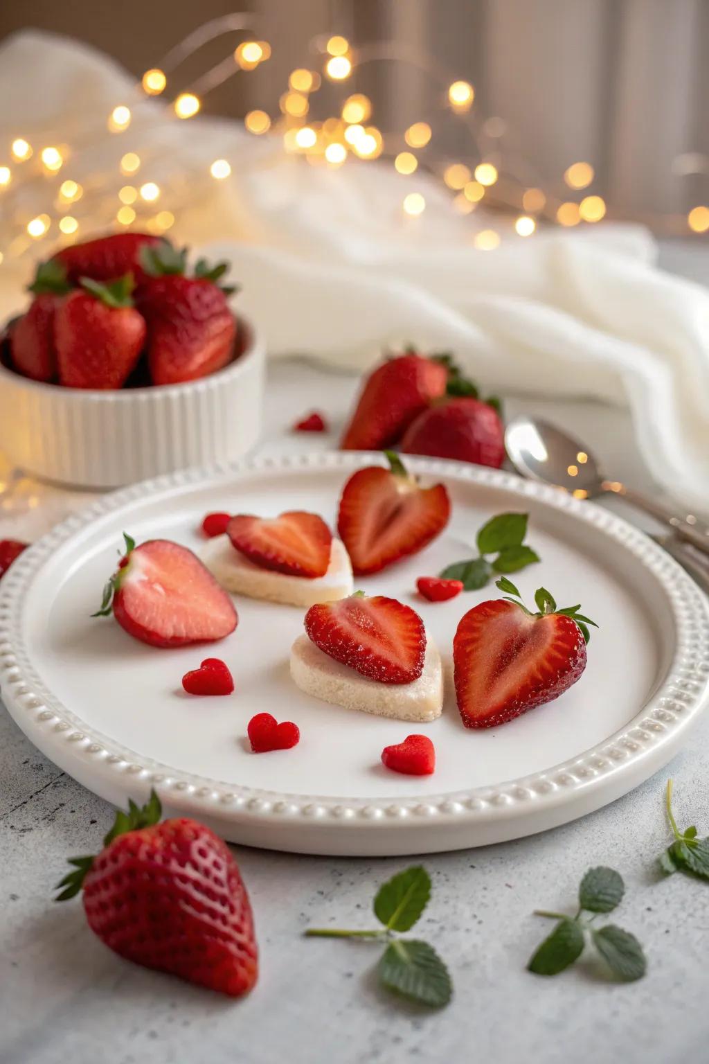 Romantic heart-shaped strawberry garnishes to elevate any dessert.