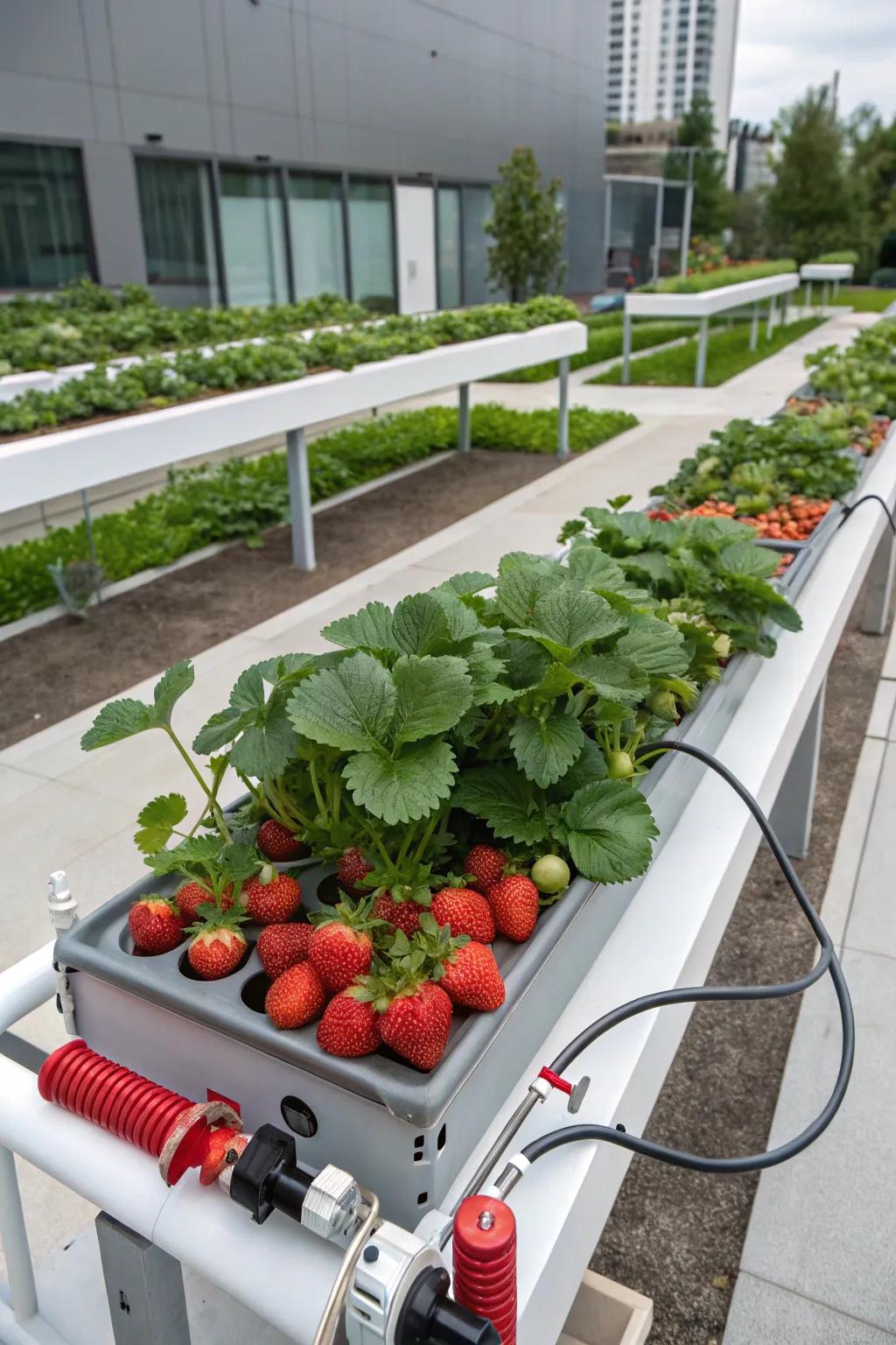 A modern hydroponic setting for strawberry cultivation.
