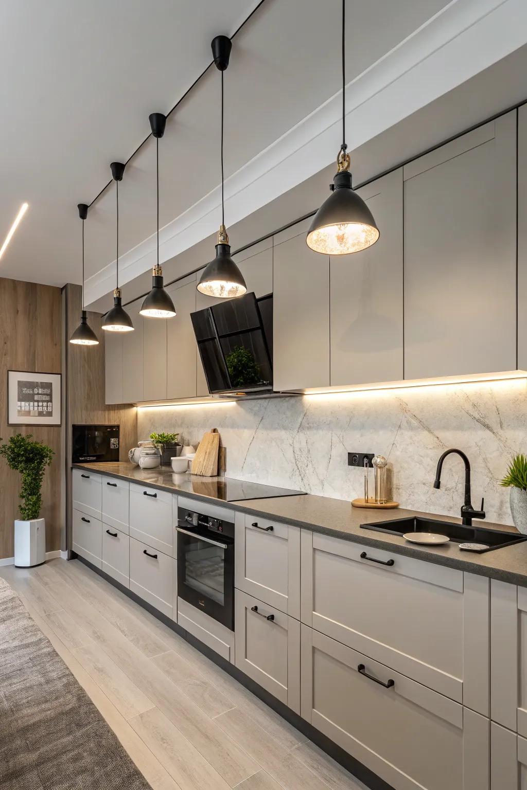 Modern fixtures contribute a sense of elegance to a compact kitchen.