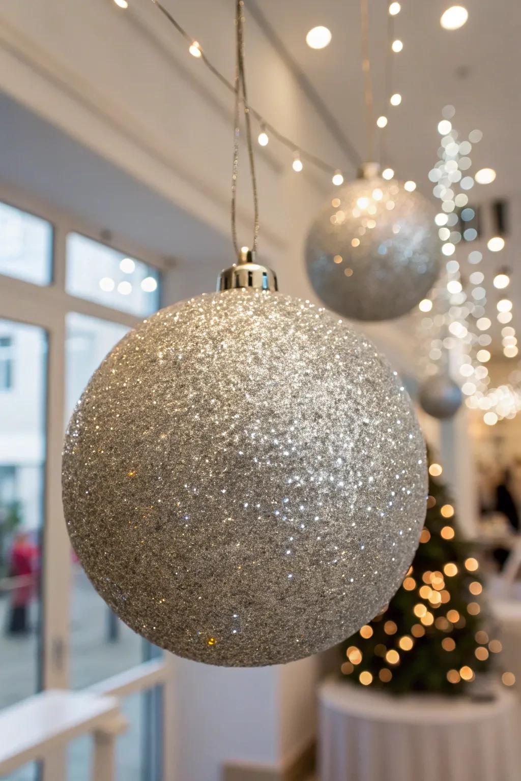Ornaments enrobed in glitter evoke unmatched glamour.