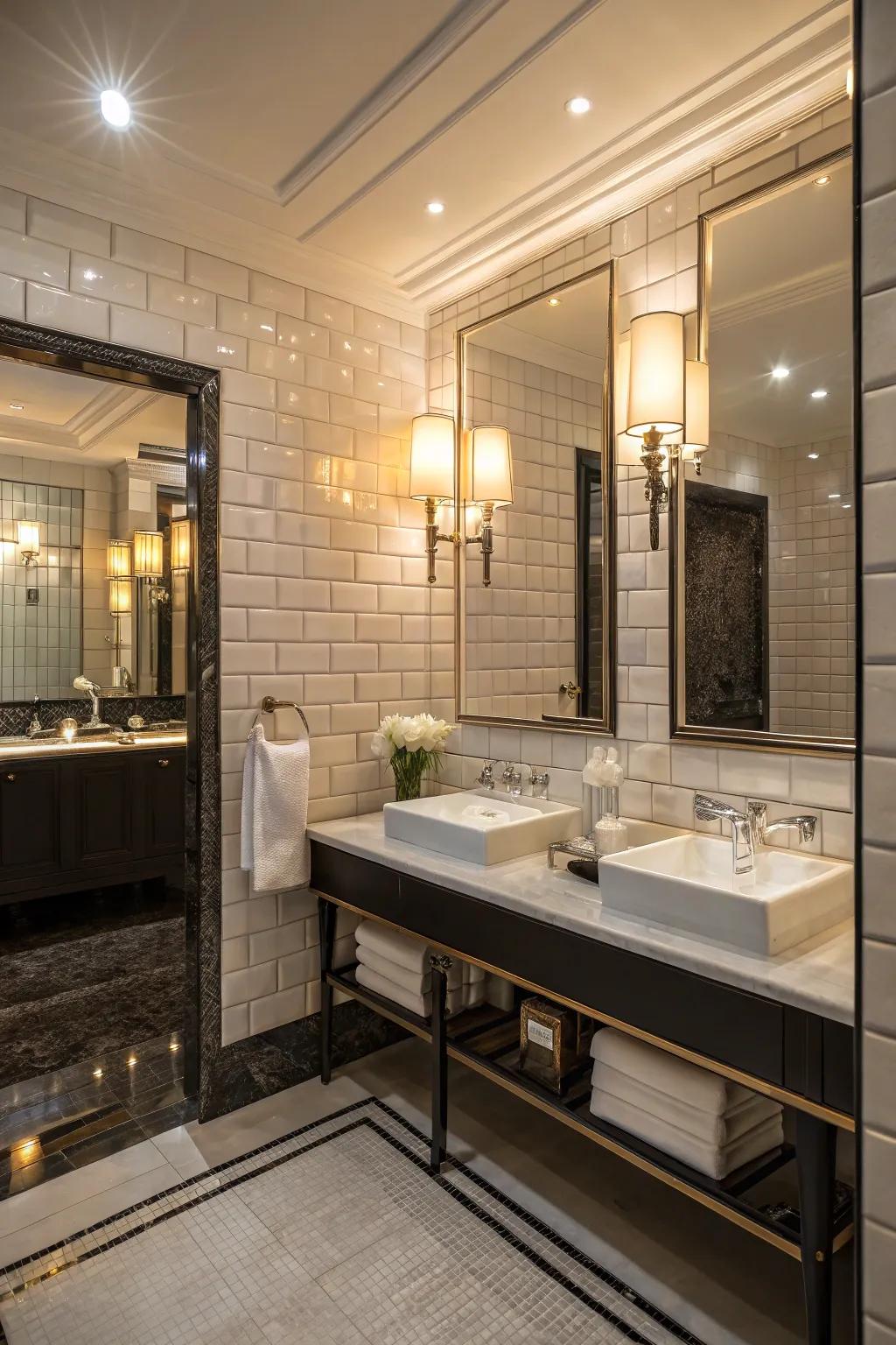 Shiny elongated tiles add a touch of allure and elegance to the washroom.