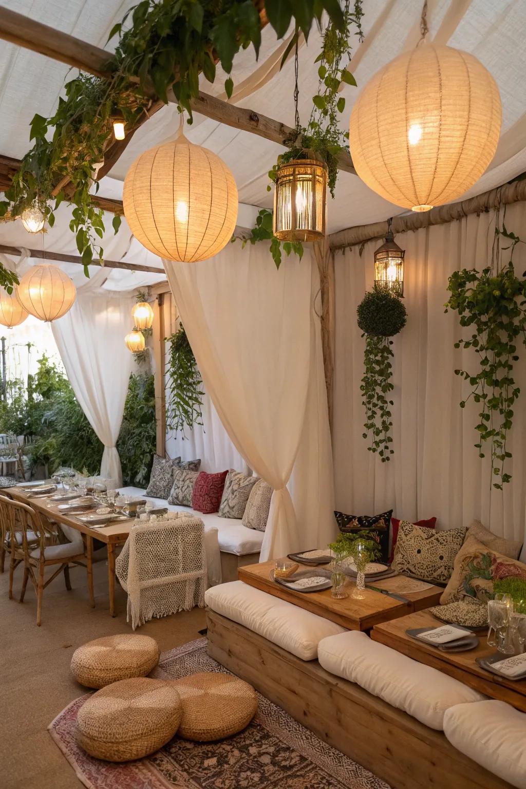 A cozy dining area within a sukkah, featuring comfortable cushions and light-filled designs.