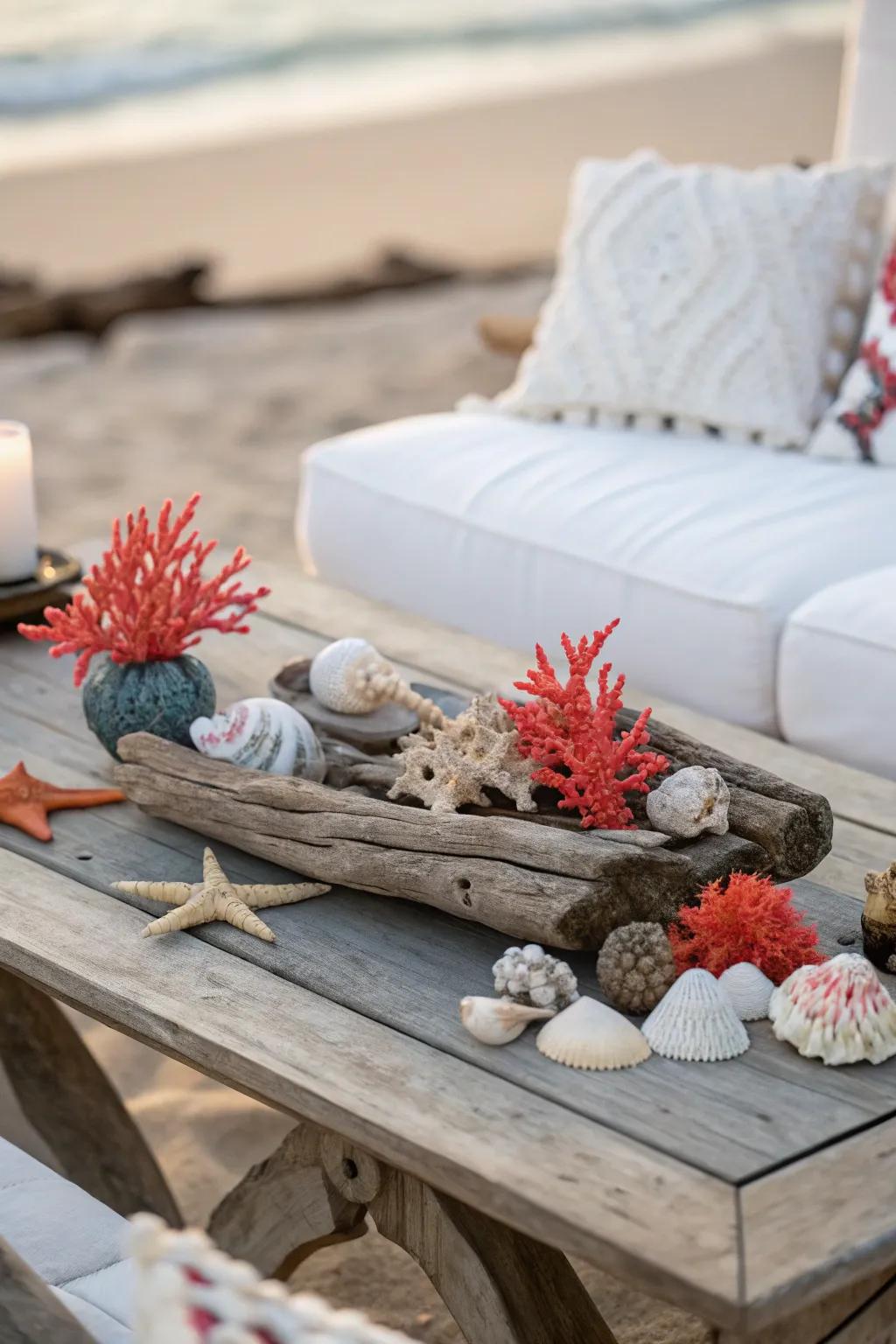 Seaside decor featuring driftwood and coral introduces coastal appeal indoors.