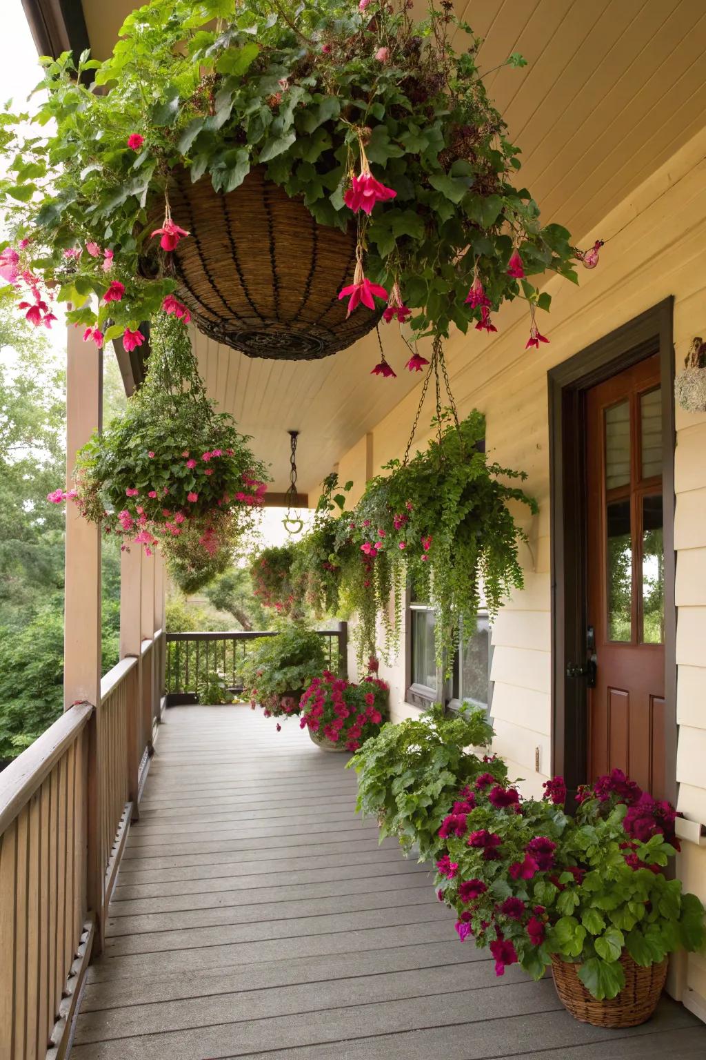 Hanging receptacles exhibiting hedera and fuchsias