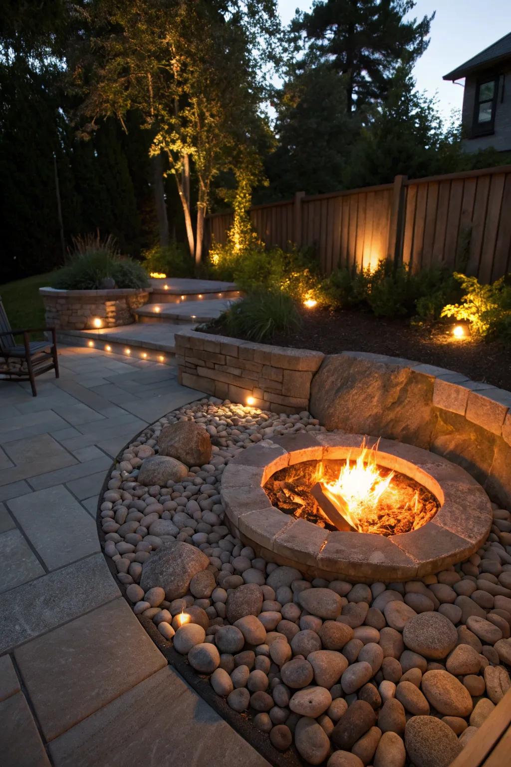 Integrated illumination adds a magical effect to this recessed fire pit.