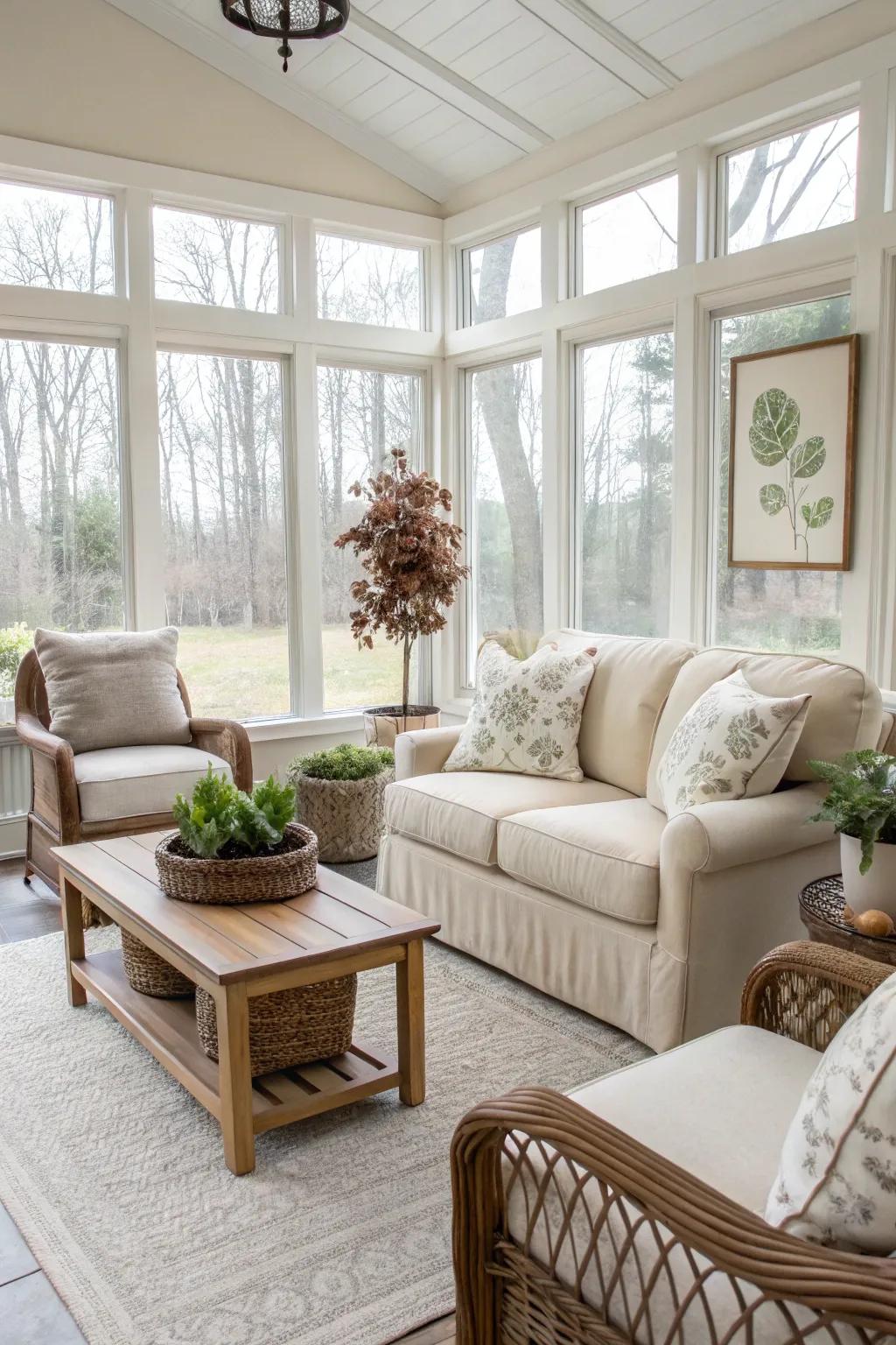 Subdued shades craft a tranquil and welcoming sunroom atmosphere.