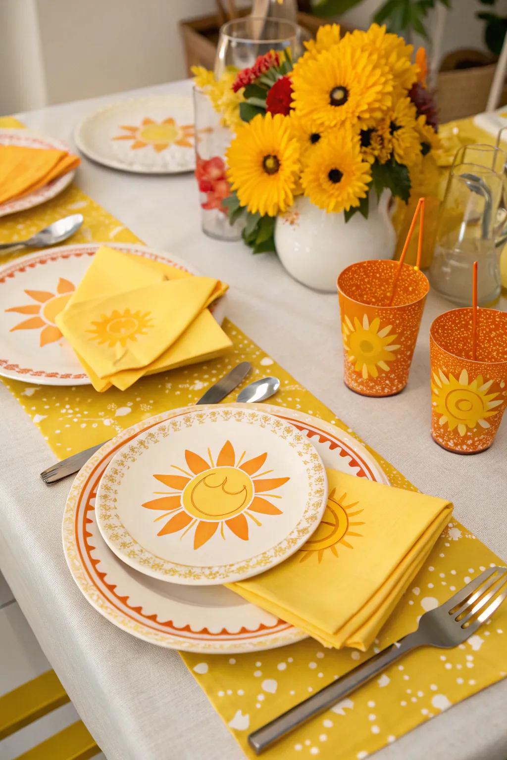 Ray-styled eating implements inject a vibrant accent to the dining arrangement.