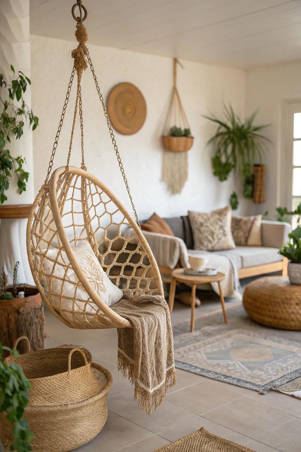 A rattan swing adds warmth and a touch of nature to any space.